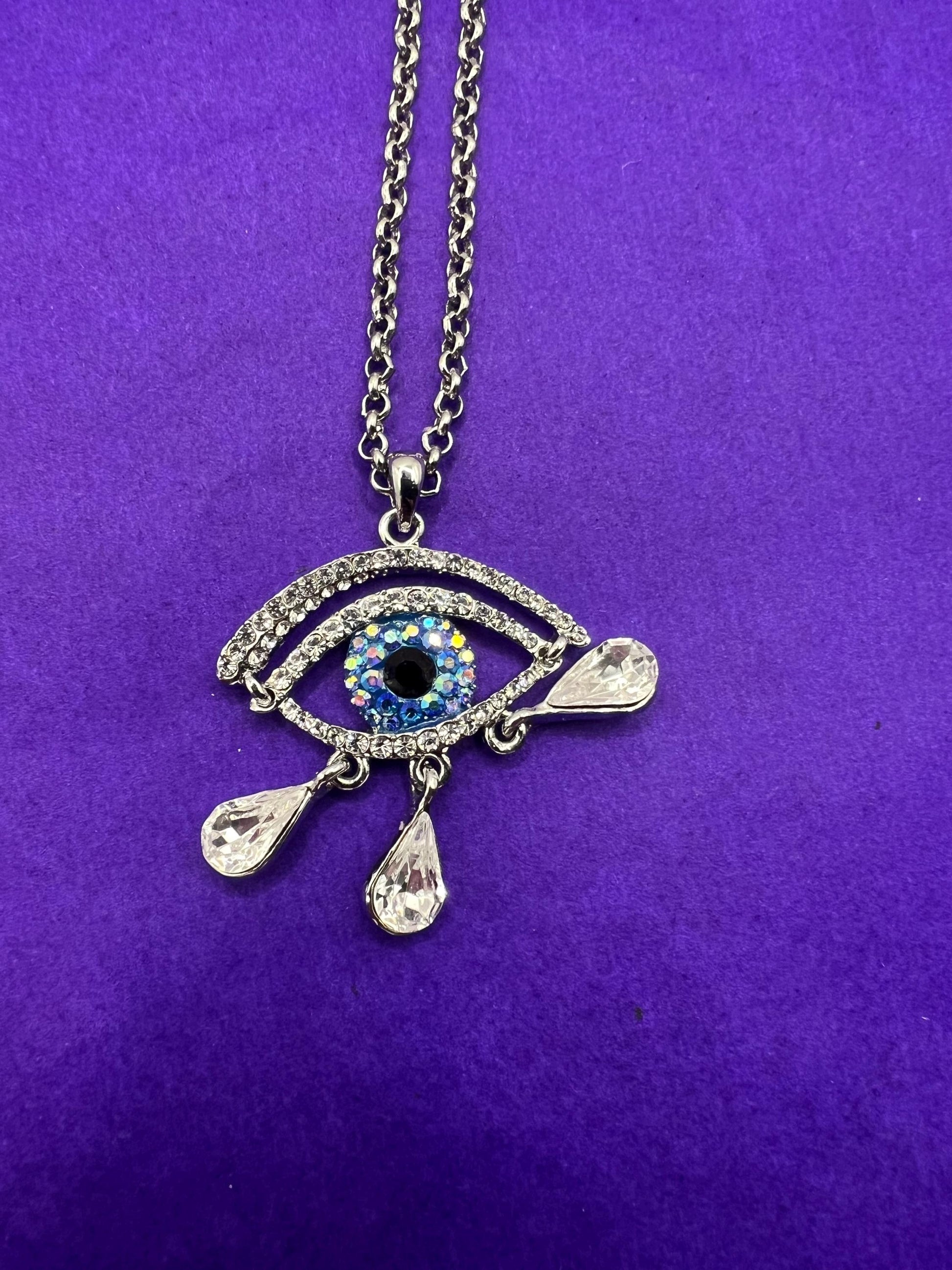 Vintage Butler and Wilson Crystal Eye Pendant Necklace, silver tone with crystals