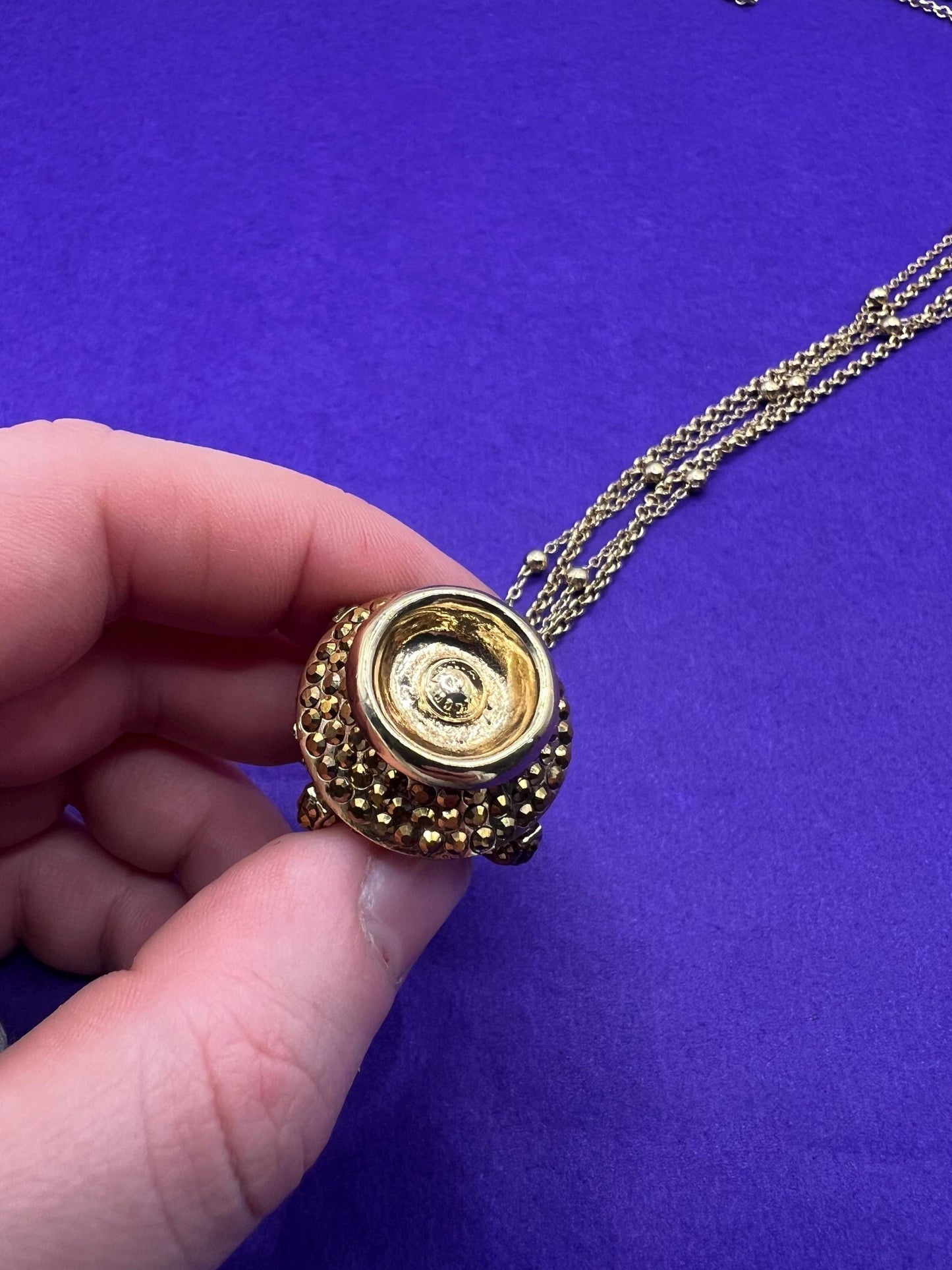 Vintage Butler and Wilson Long Crystal Crown Pendant Necklace, gold tone with rhinestones and crystals