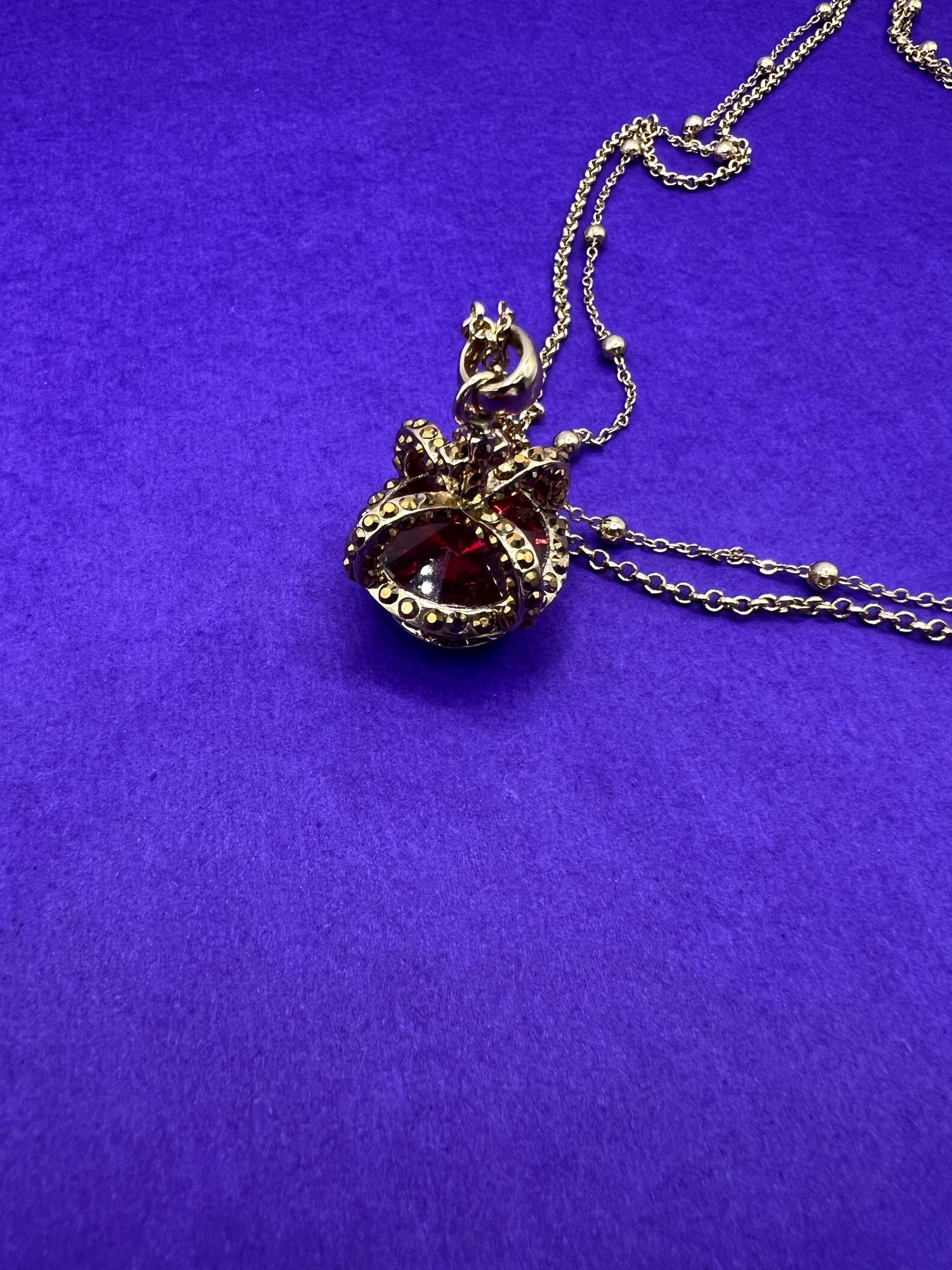 Vintage Butler and Wilson Long Crystal Crown Pendant Necklace, gold tone with rhinestones and crystals