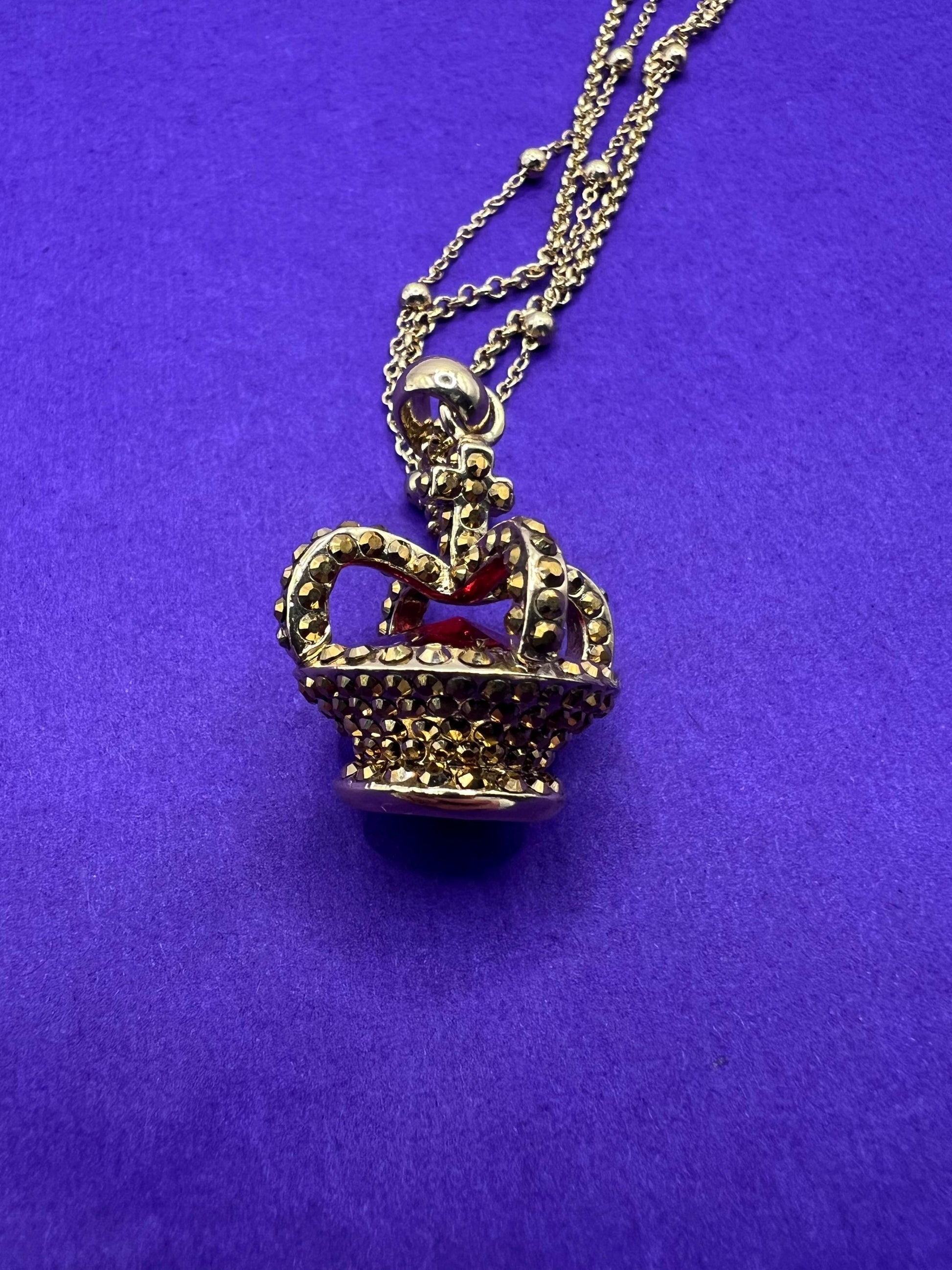 Vintage Butler and Wilson Long Crystal Crown Pendant Necklace, gold tone with rhinestones and crystals