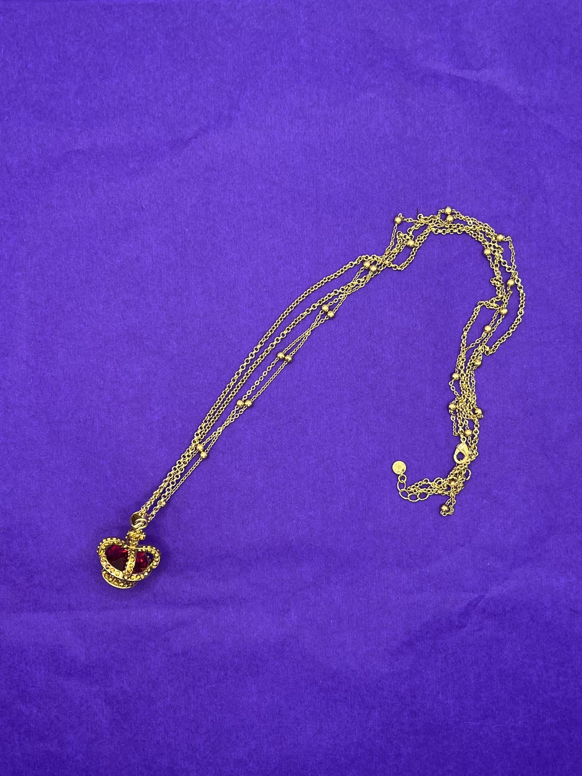 Vintage Butler and Wilson Long Crystal Crown Pendant Necklace, gold tone with rhinestones and crystals
