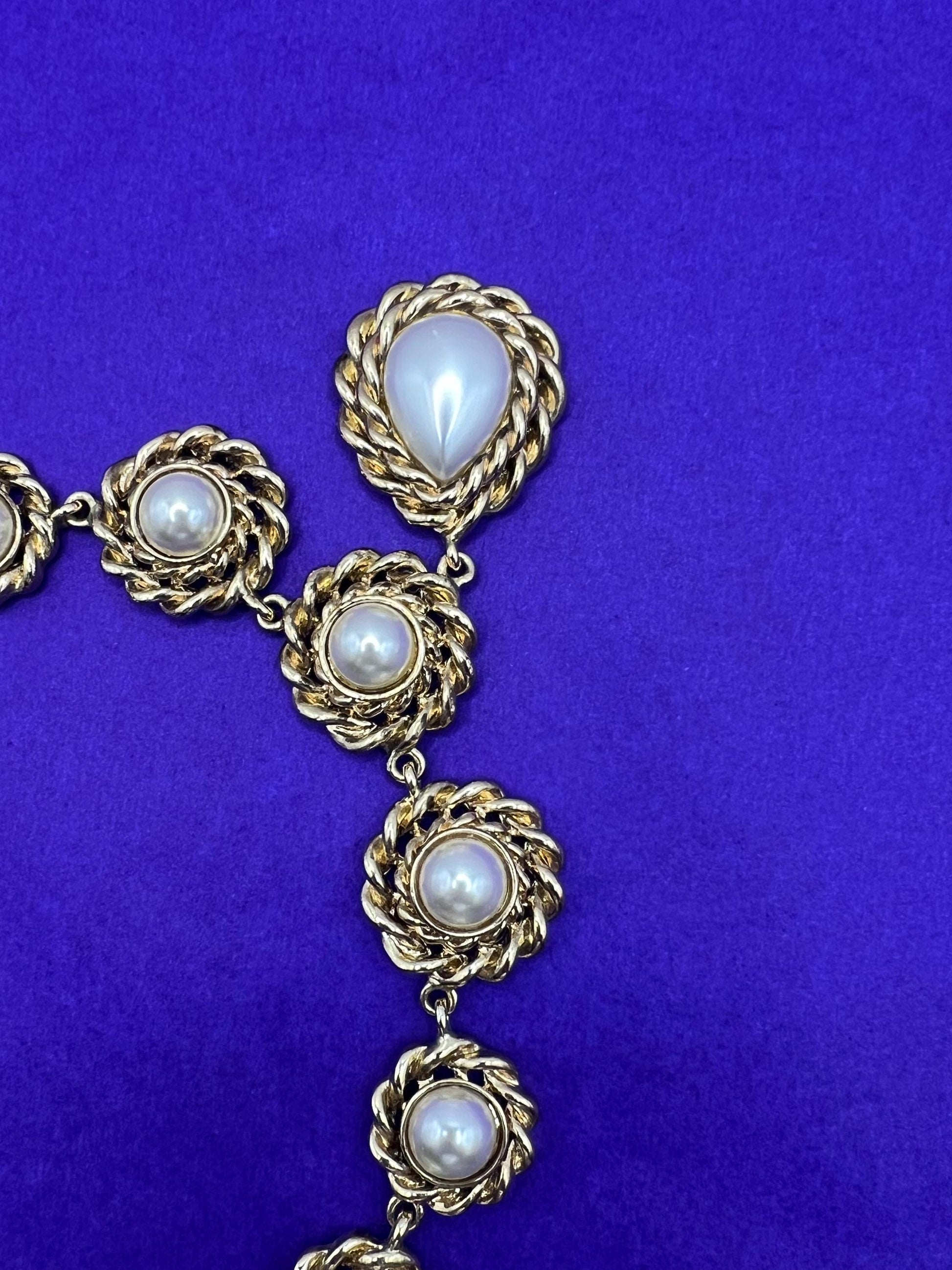 Vintage Butler and Wilson Statement Regency style gold tone faux pearl Y drop necklace
