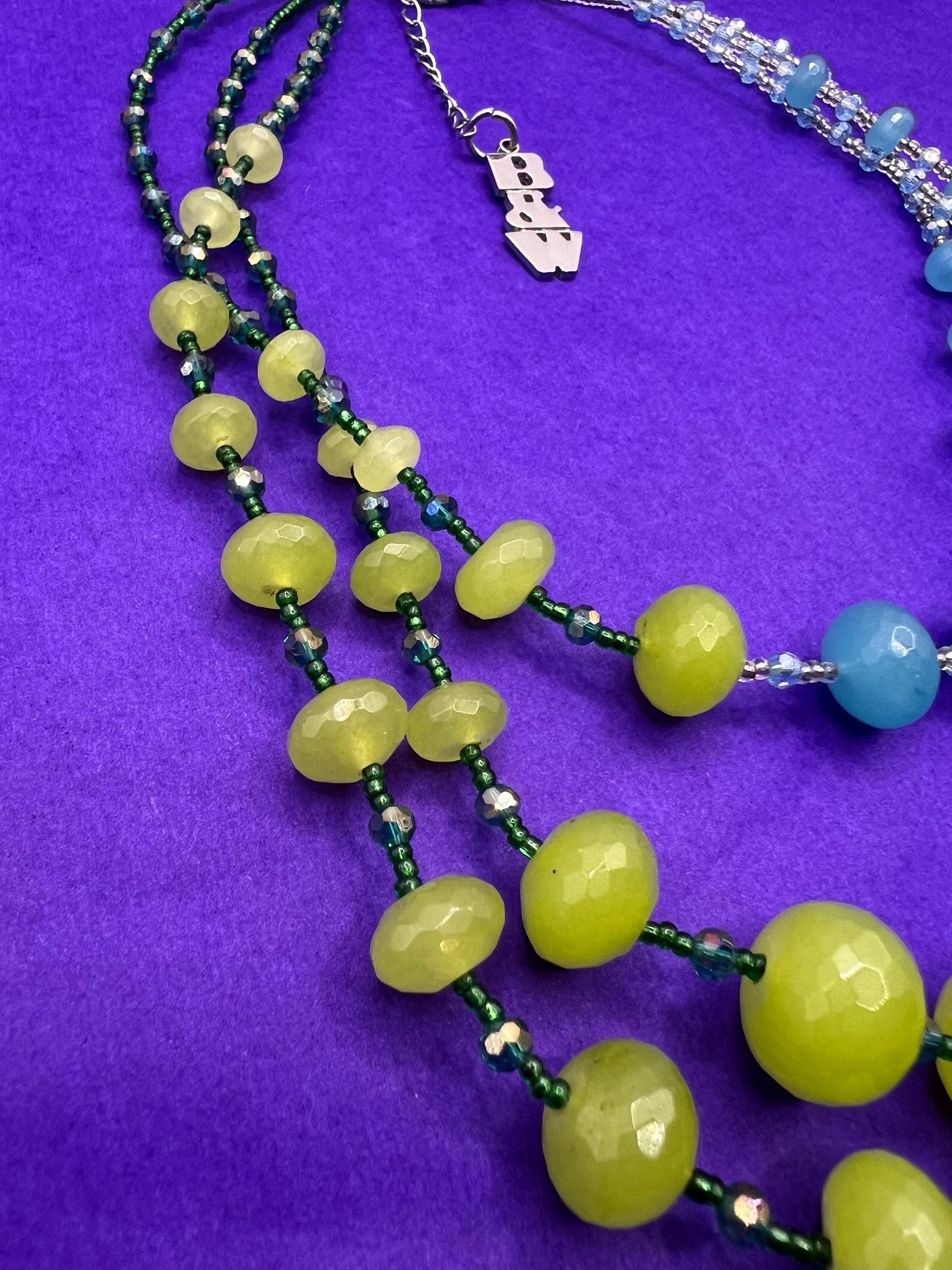 Vintage Butler and Wilson Statement Blue and Green Milk Glass Crystal Beaded Necklace