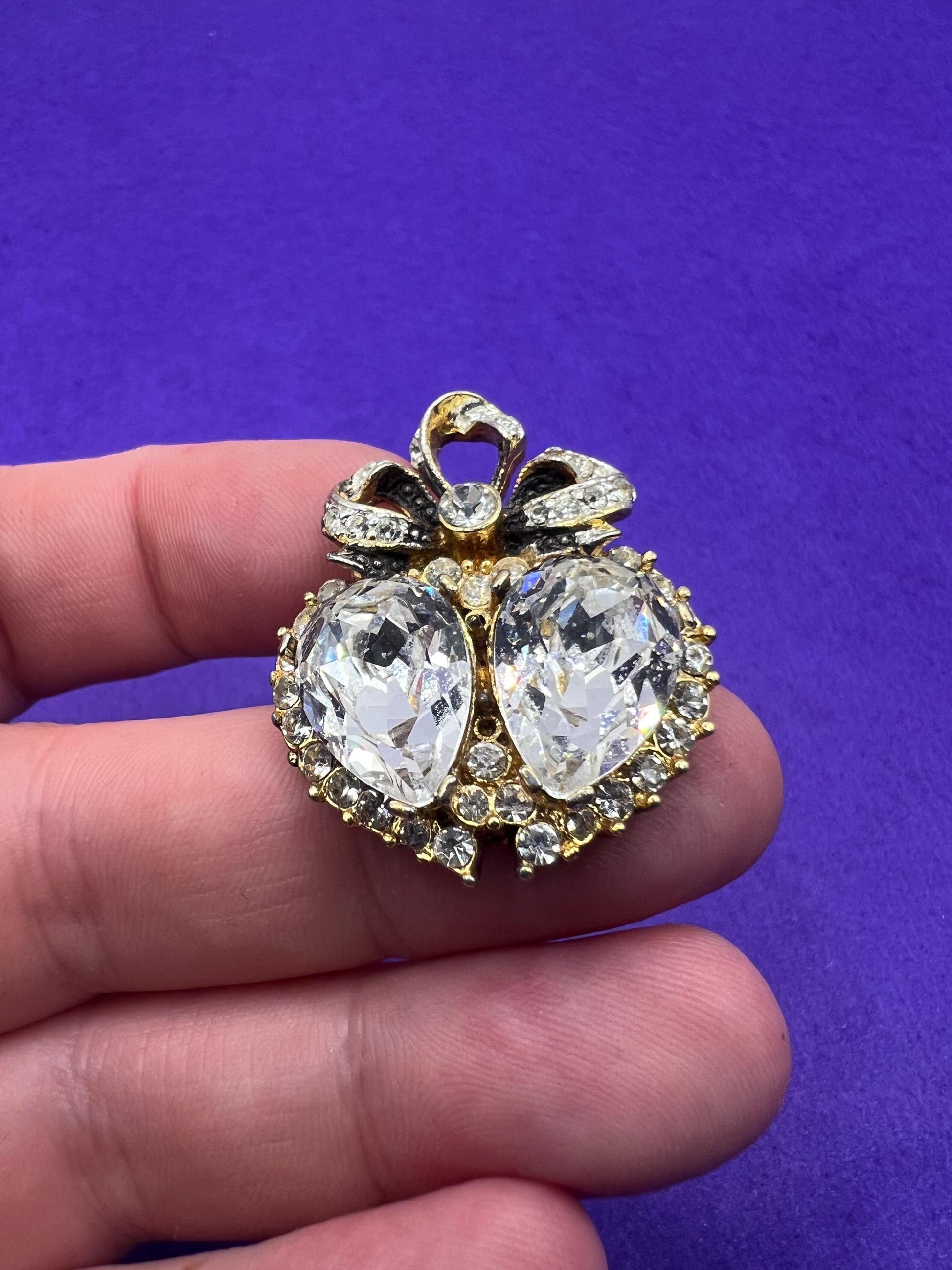 Vintage Butler and Wilson Small Silver Crystal Heart Brooch / Lapel Pin. Gold tone with silver crystals and rhinestones