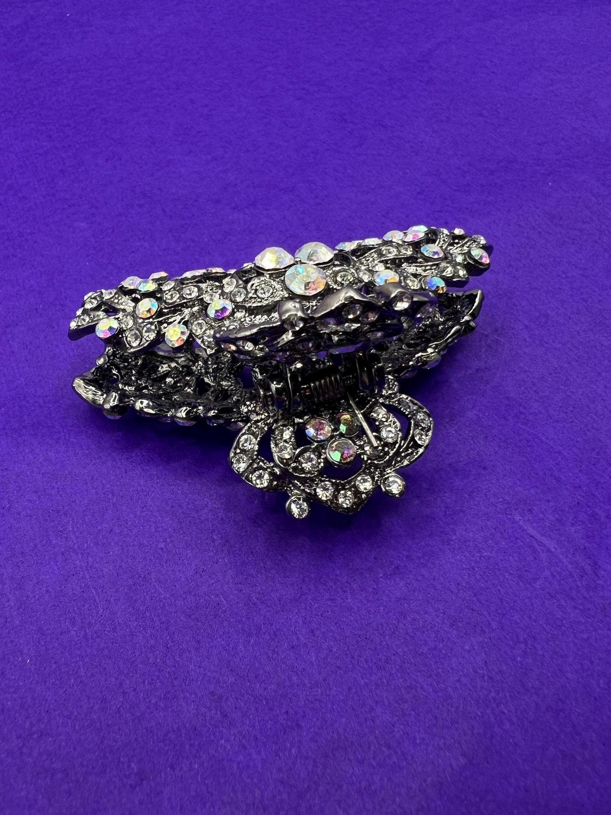 Vintage Butler and Wilson Large Crystal Jaw Clip, Pewter tone with silver and aurora borealis crystals