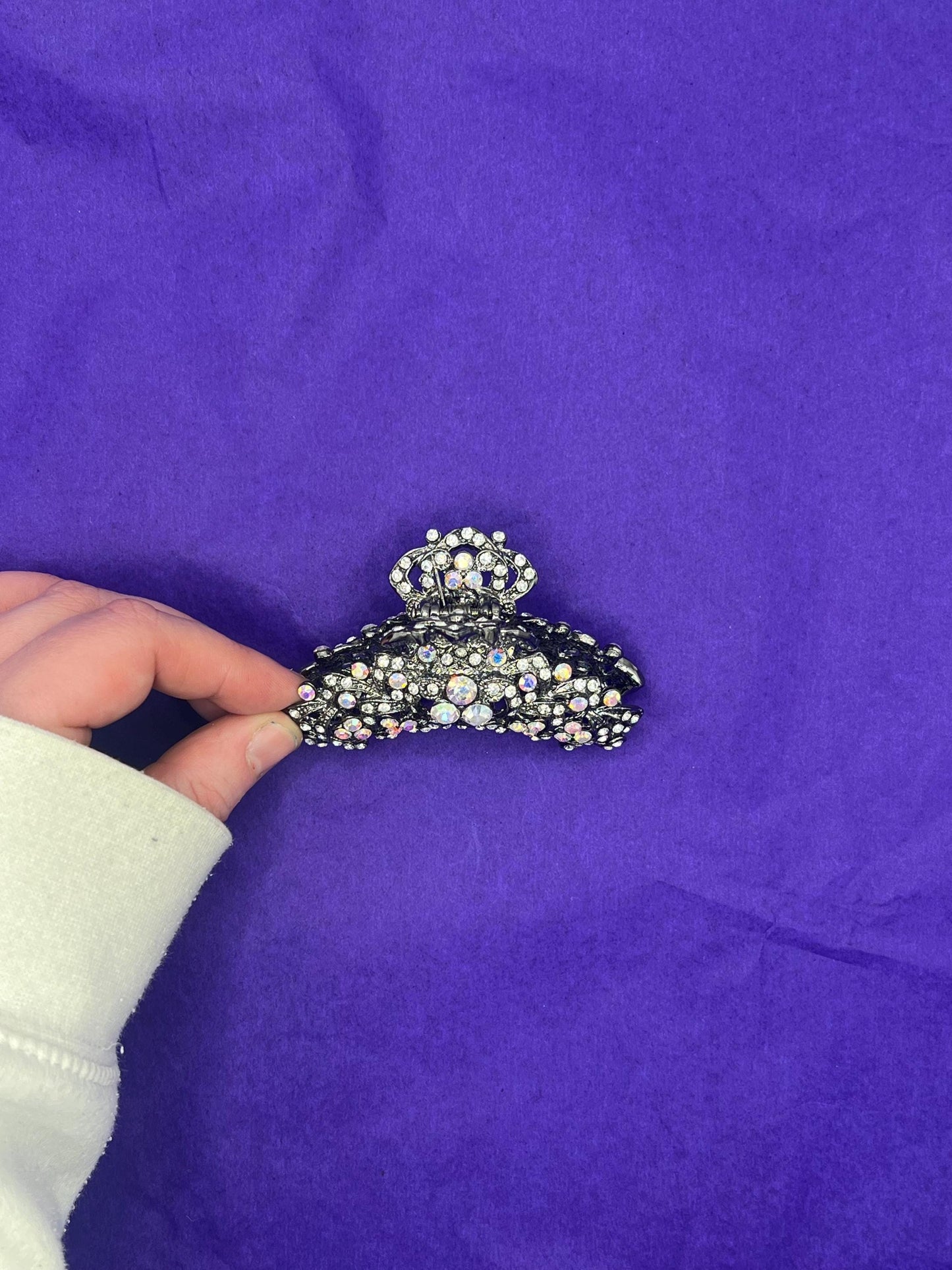 Vintage Butler and Wilson Large Crystal Jaw Clip, Pewter tone with silver and aurora borealis crystals