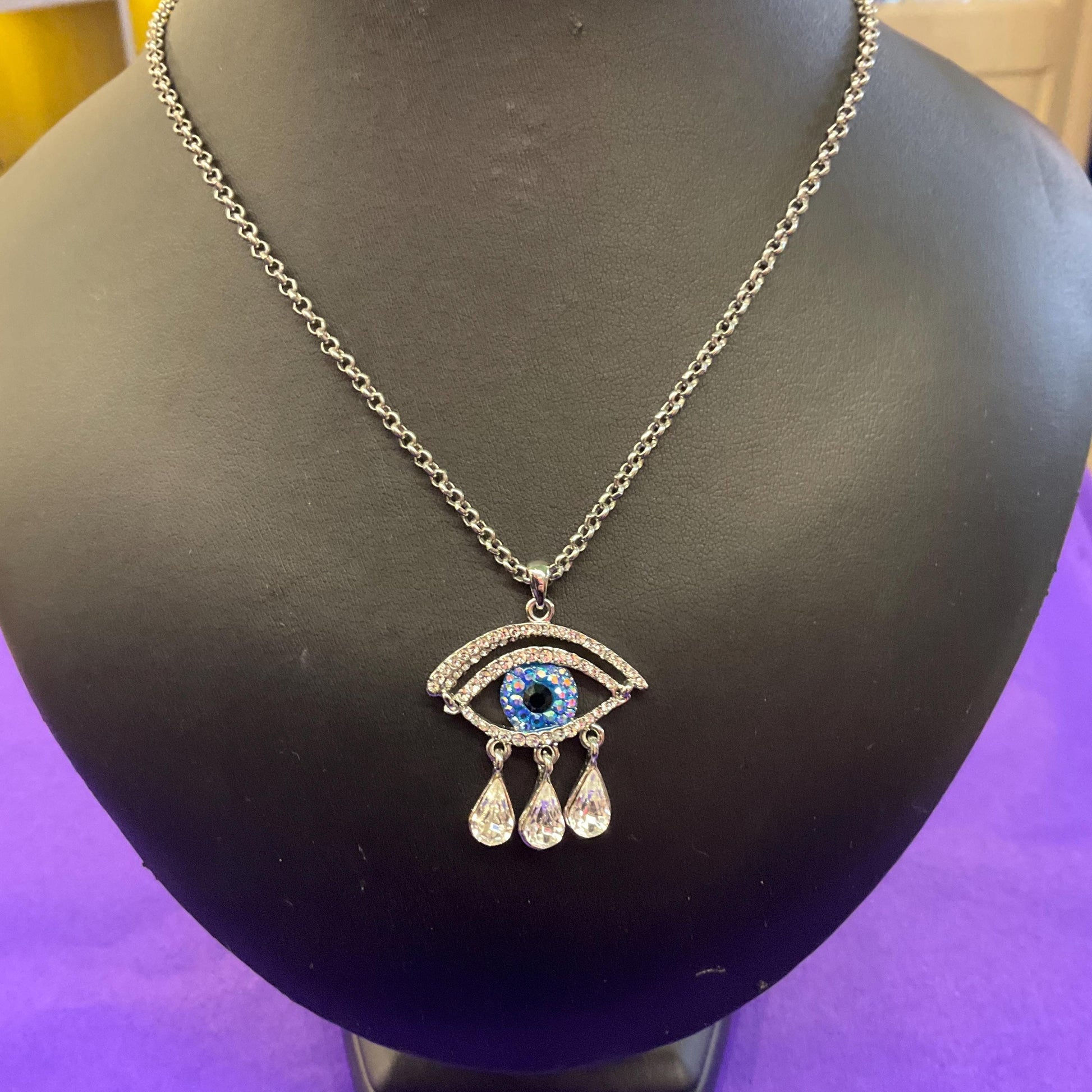 Vintage Butler and Wilson Crystal Eye Pendant Necklace, silver tone with crystals