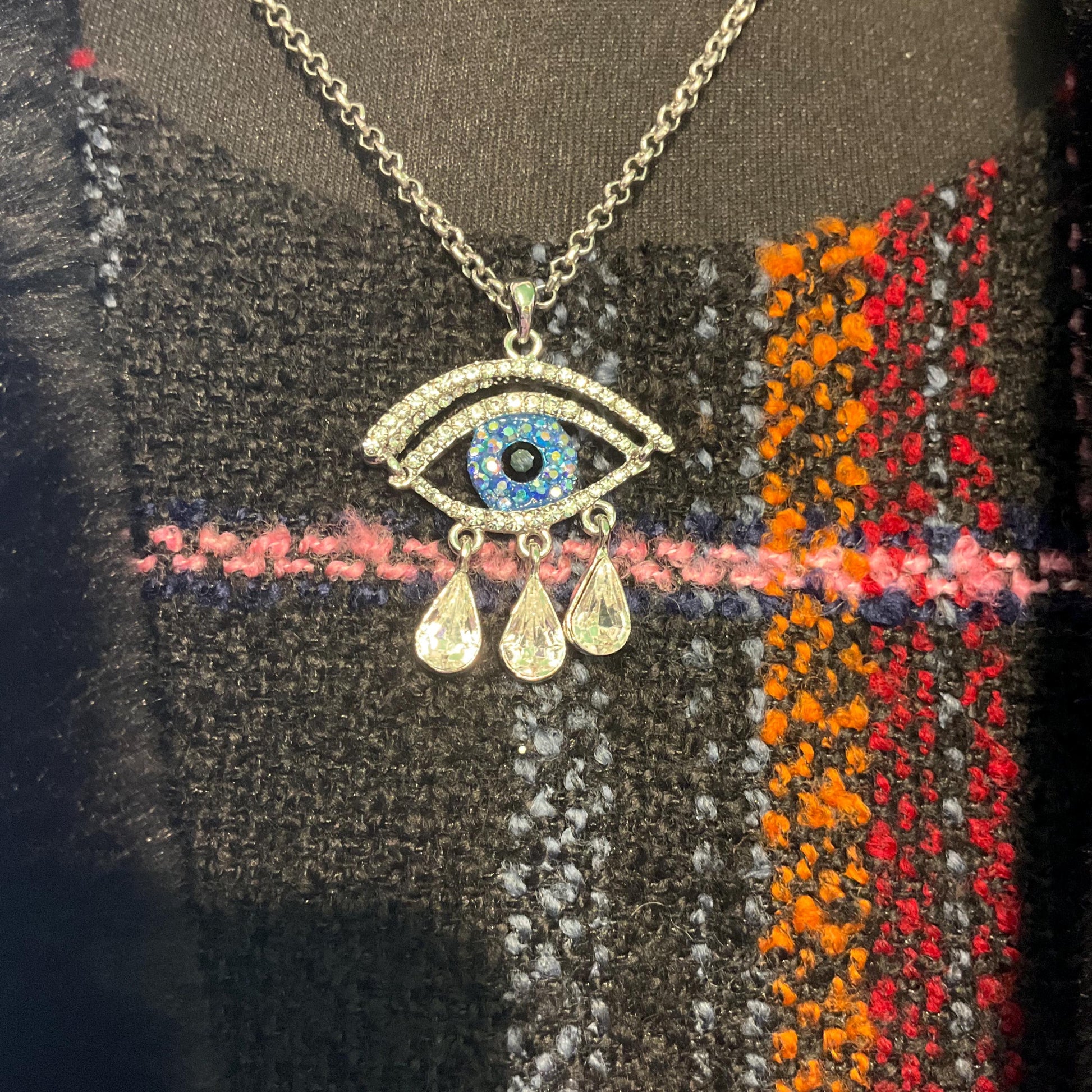 Vintage Butler and Wilson Crystal Eye Pendant Necklace, silver tone with crystals