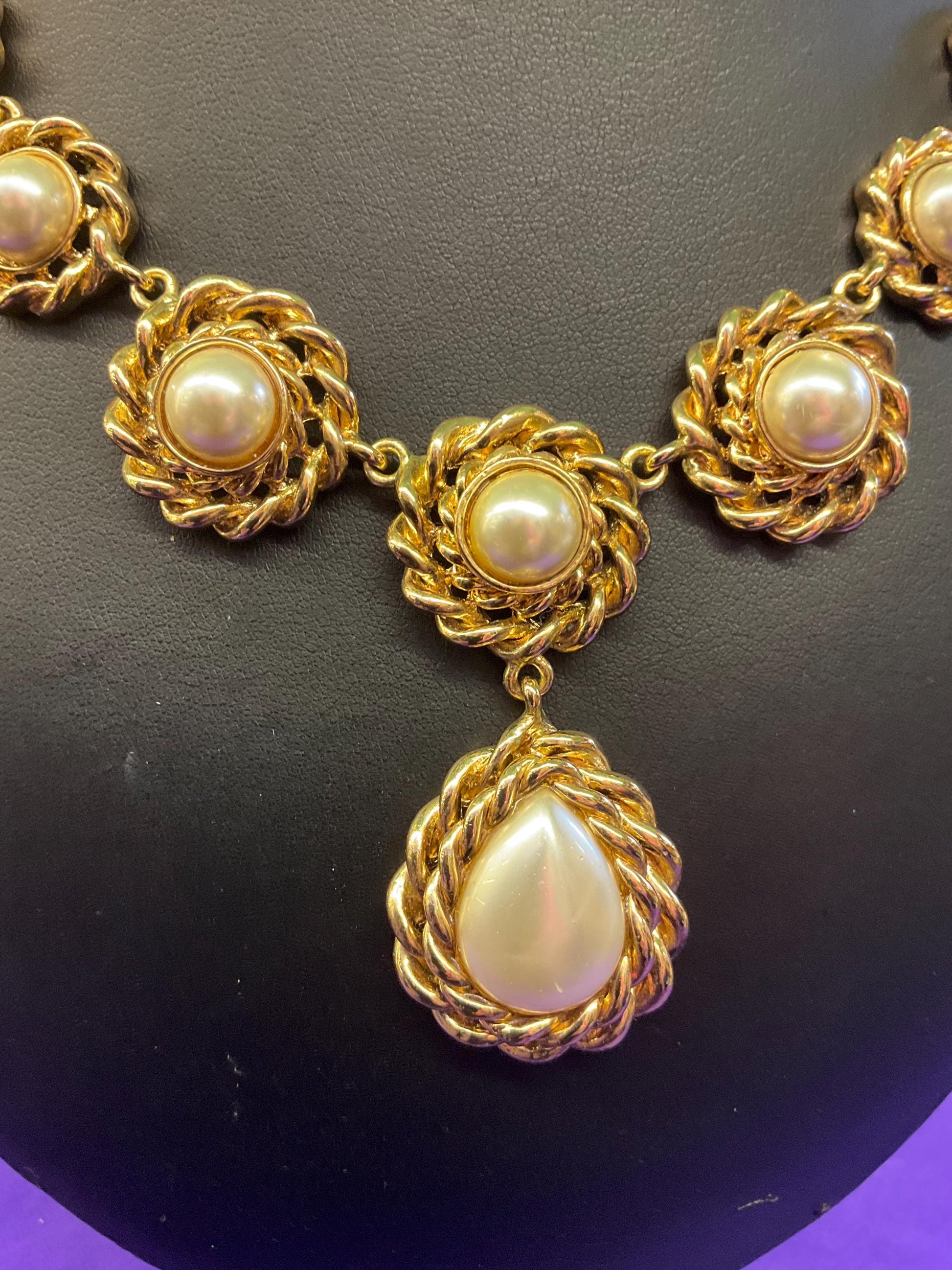 Vintage Butler and Wilson Statement Regency style gold tone faux pearl Y drop necklace