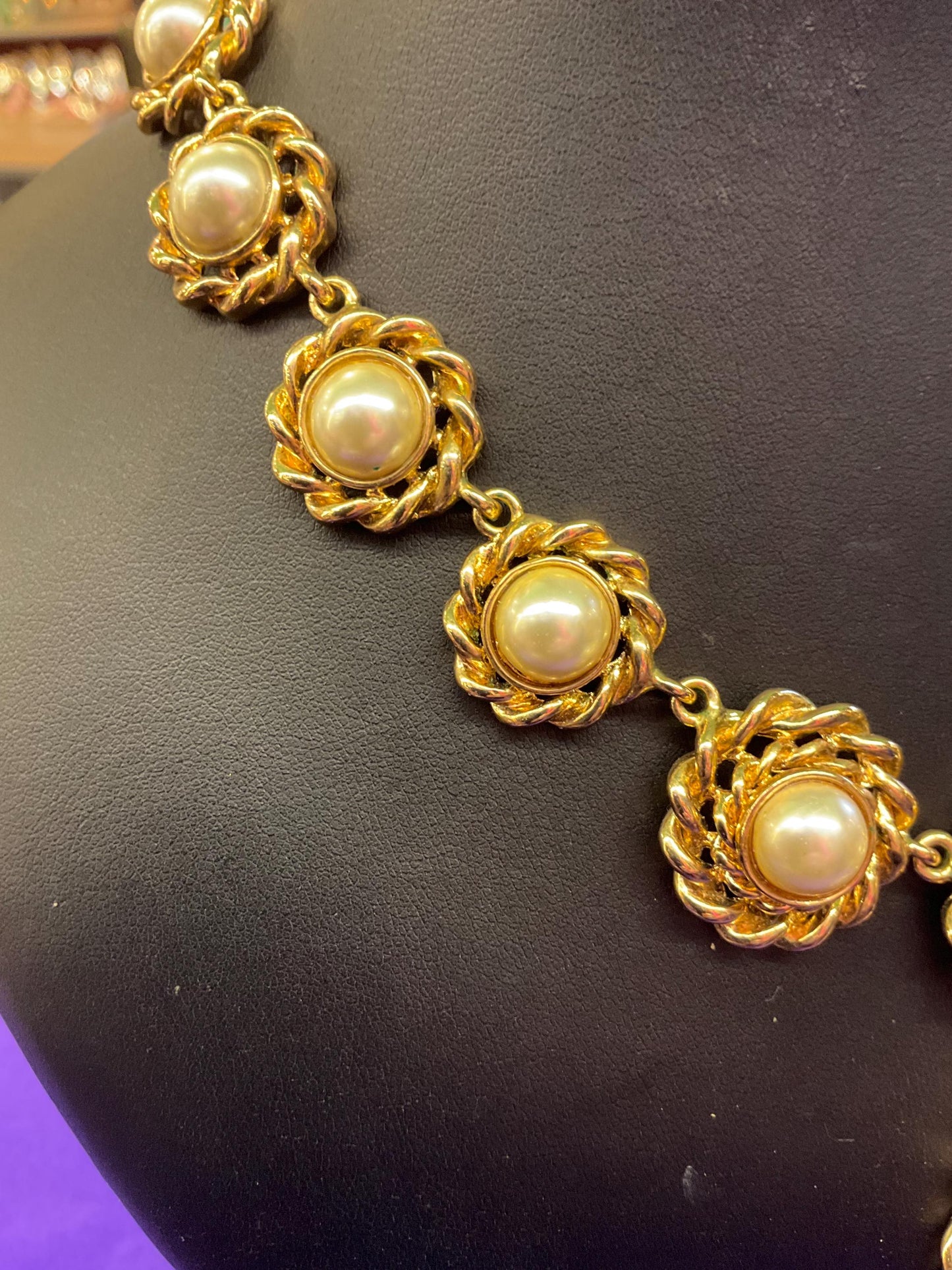 Vintage Butler and Wilson Statement Regency style gold tone faux pearl Y drop necklace