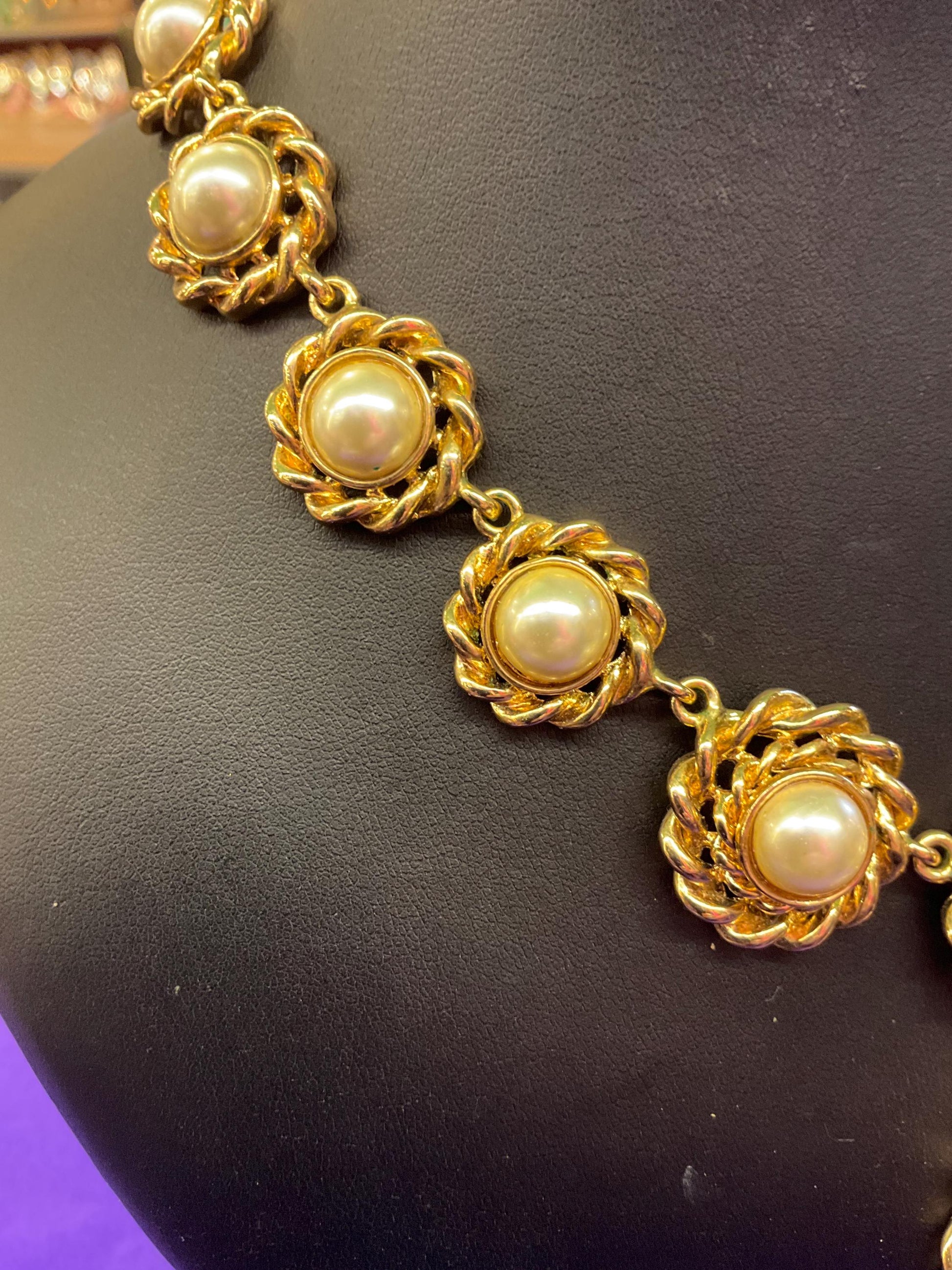 Vintage Butler and Wilson Statement Regency style gold tone faux pearl Y drop necklace