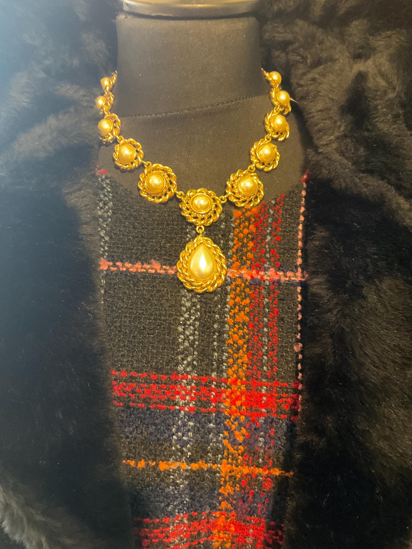 Vintage Butler and Wilson Statement Regency style gold tone faux pearl Y drop necklace