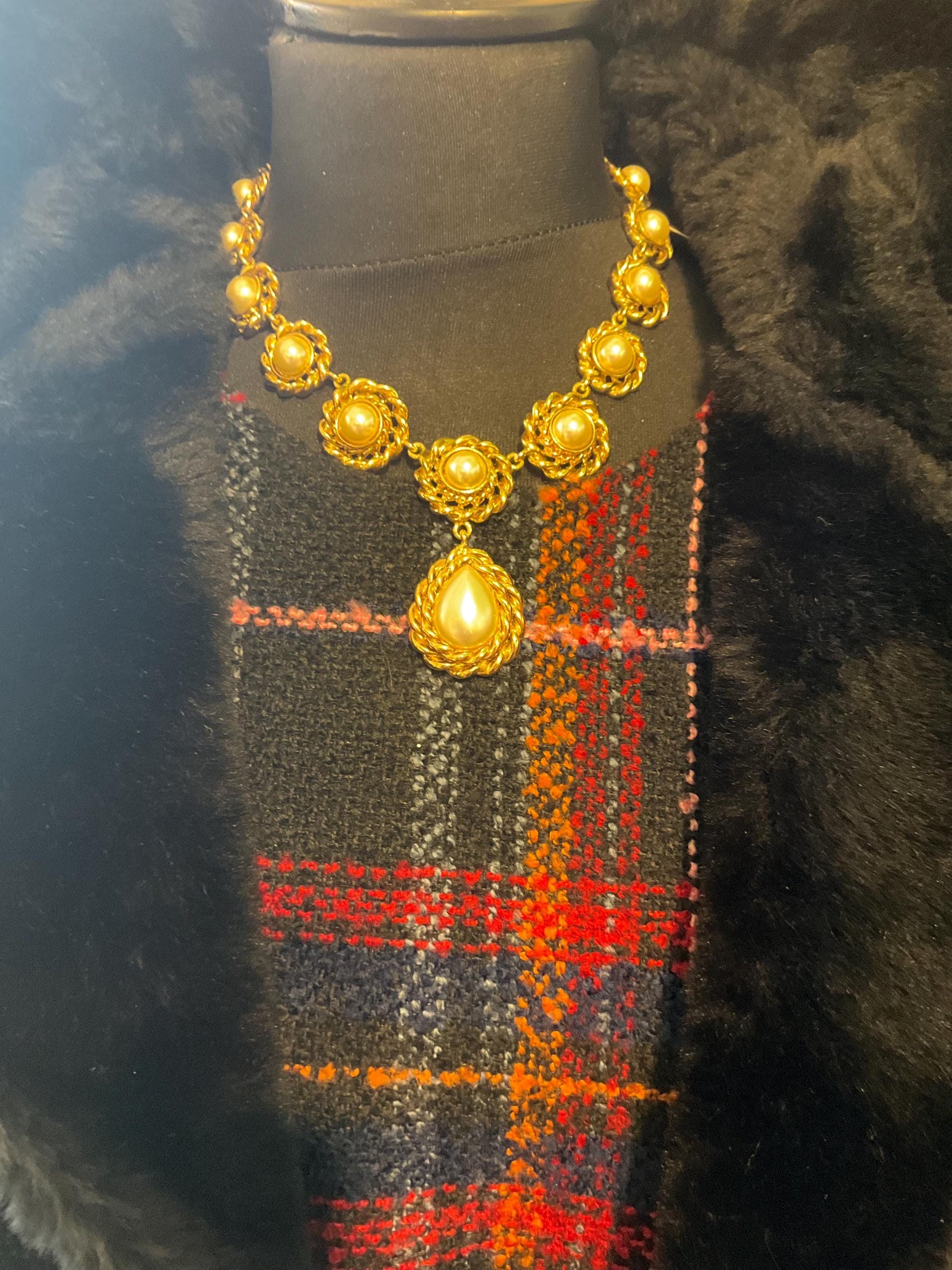 Vintage Butler and Wilson Statement Regency style gold tone faux pearl Y drop necklace