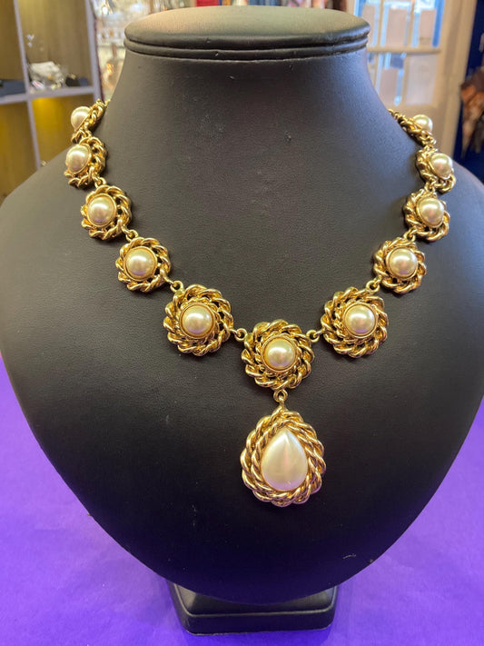 Vintage Butler and Wilson Statement Regency style gold tone faux pearl Y drop necklace