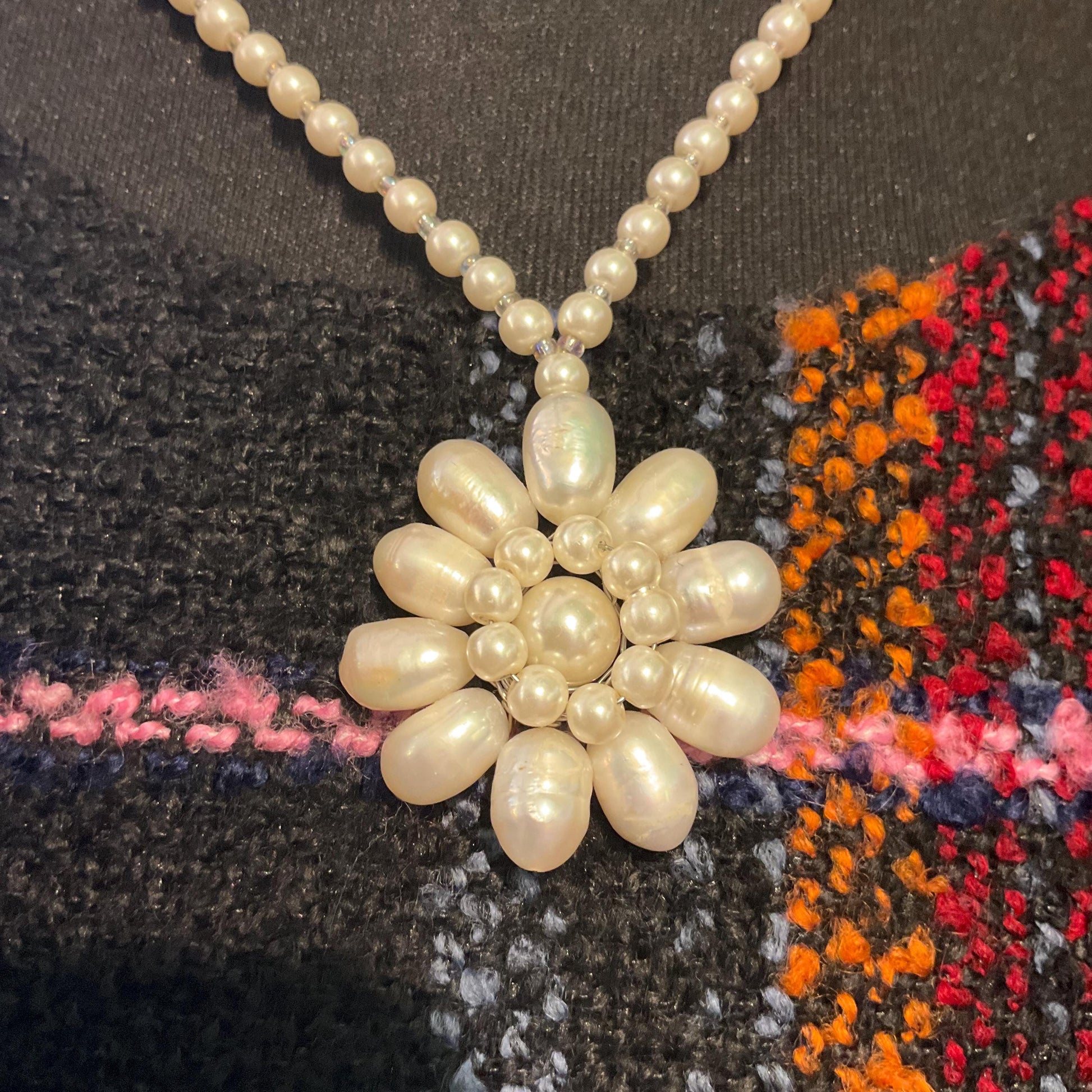 Vintage Butler and Wilson Oyster Coloured Fresh Water Pearl Floral Necklace, signed as new