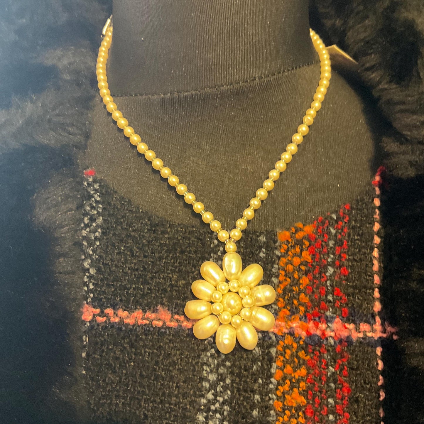 Vintage Butler and Wilson Oyster Coloured Fresh Water Pearl Floral Necklace, signed as new