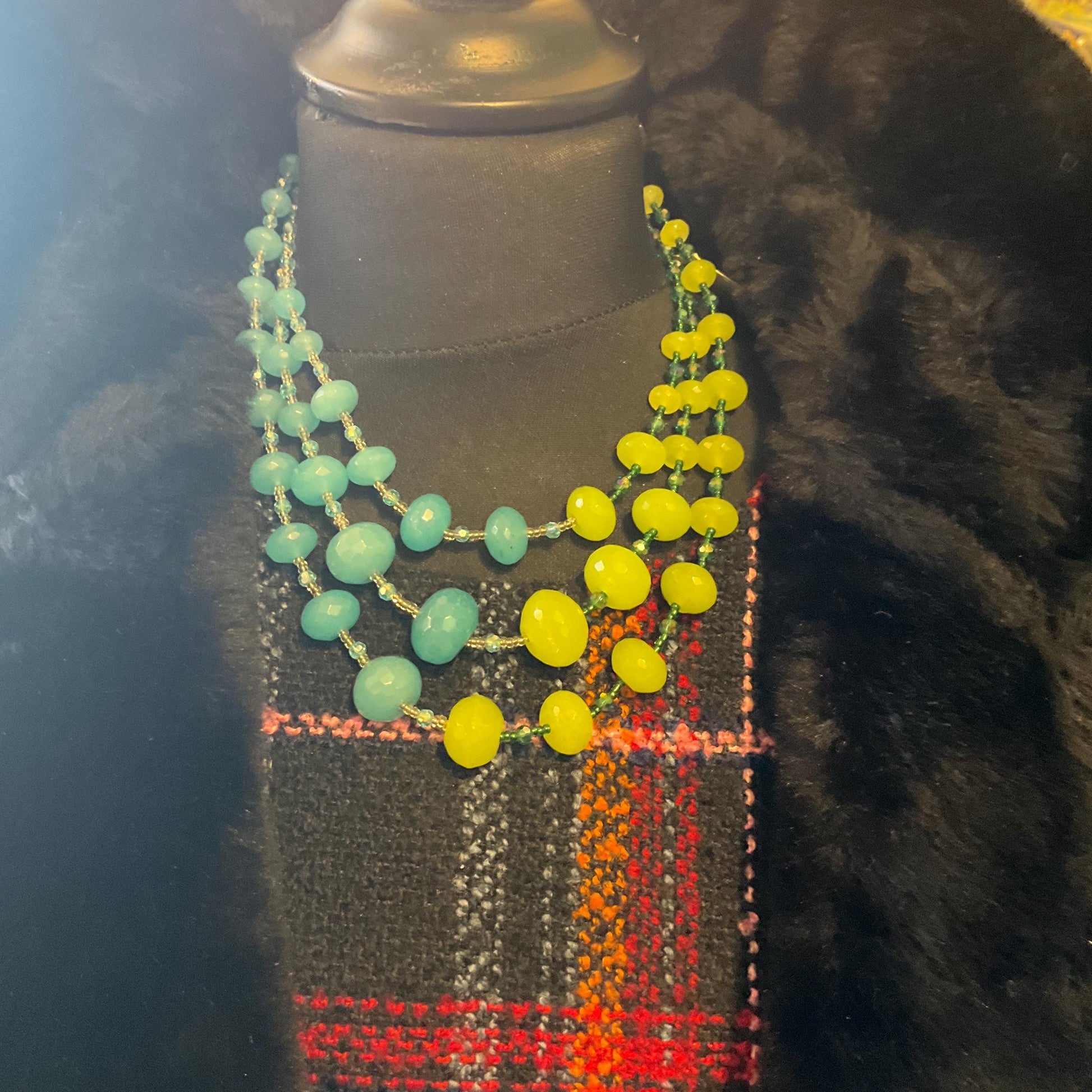 Vintage Butler and Wilson Statement Blue and Green Milk Glass Crystal Beaded Necklace