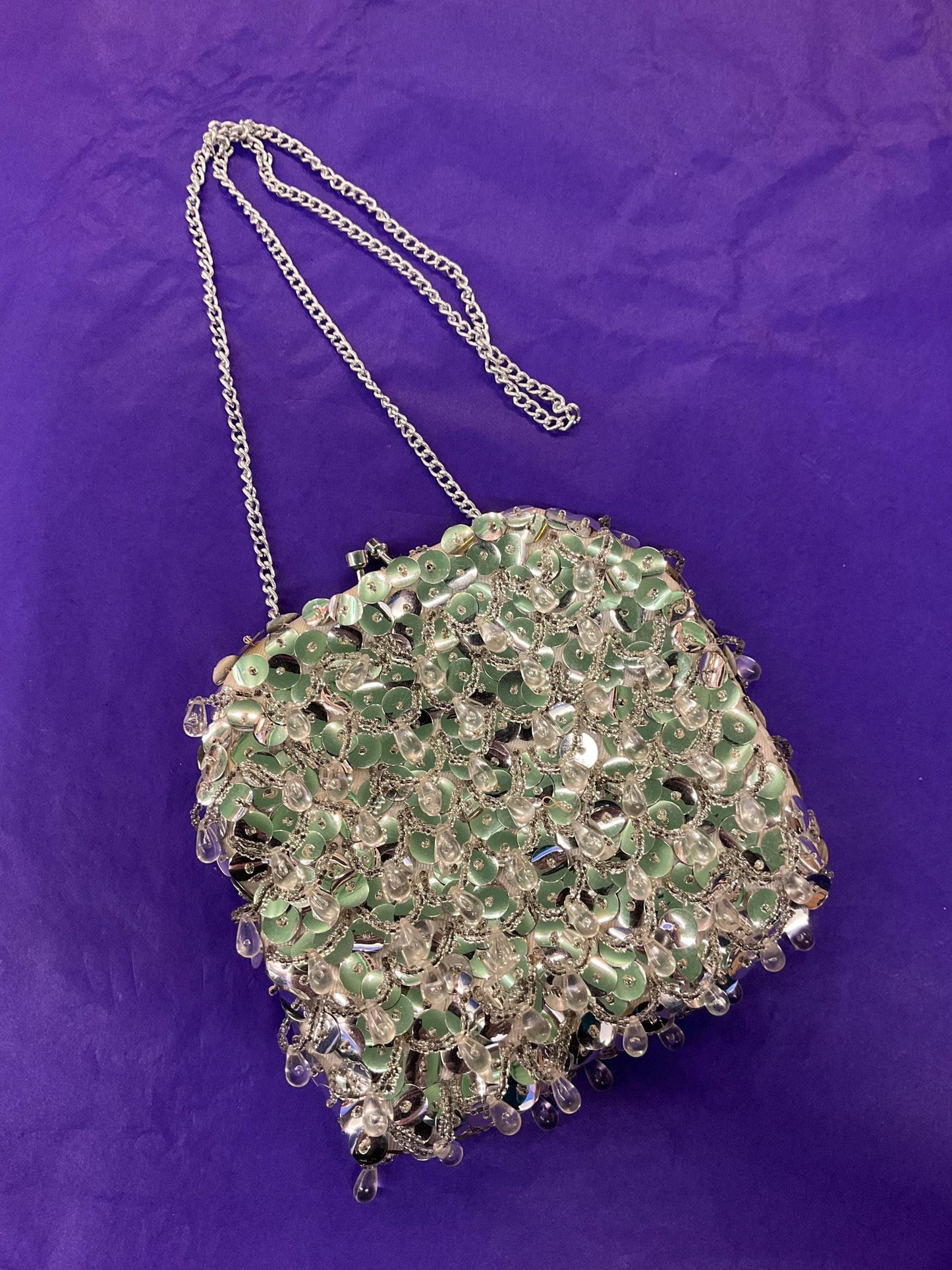 Vintage 1960s Silver Sequinned Satin Evening Bag , Clutch or Shoulder, looped fringes and tassels