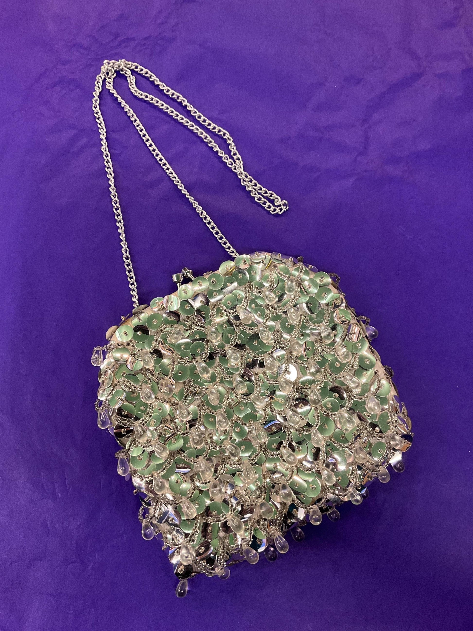 Vintage 1960s Silver Sequinned Satin Evening Bag , Clutch or Shoulder, looped fringes and tassels