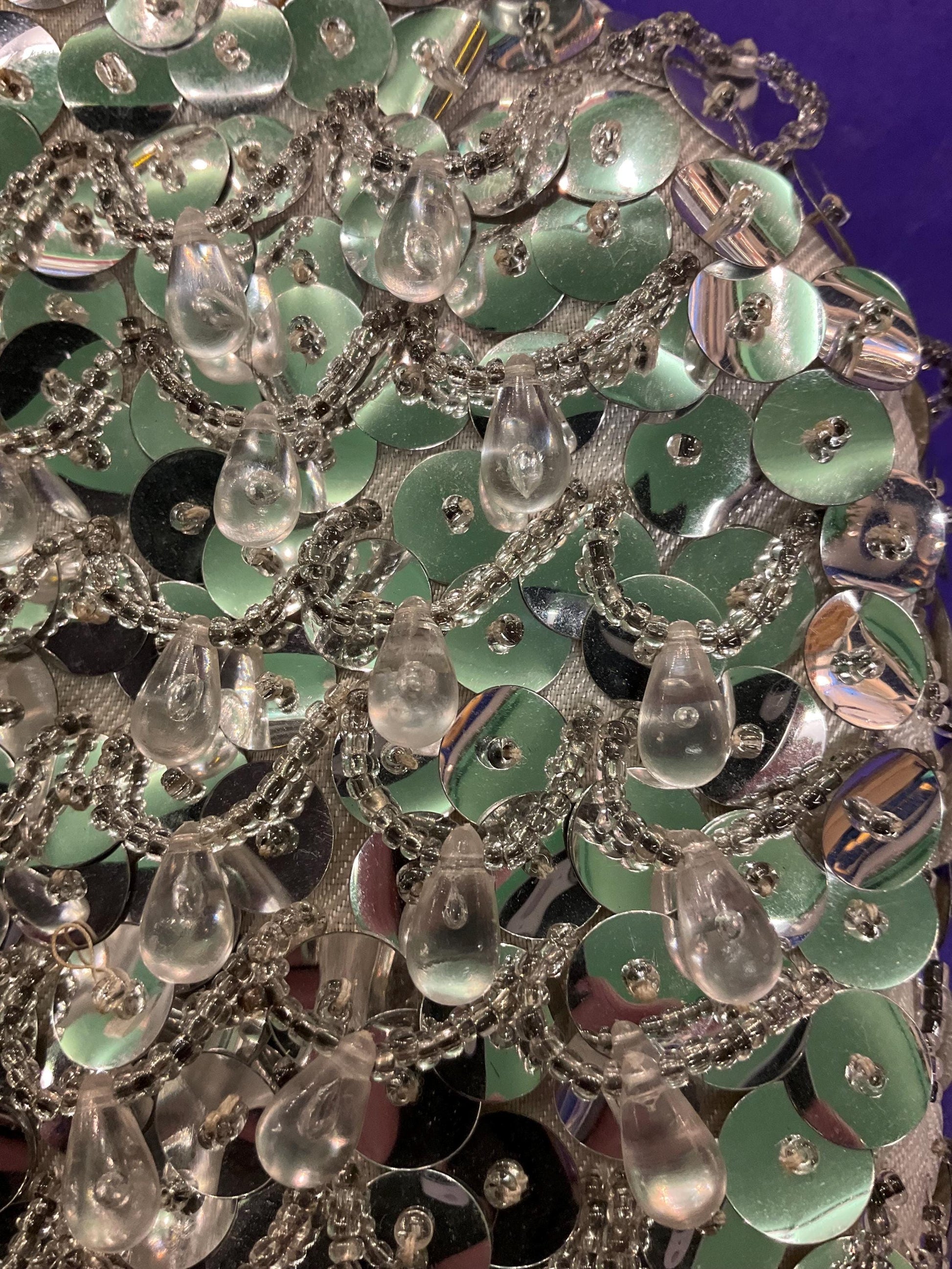 Vintage 1960s Silver Sequinned Satin Evening Bag , Clutch or Shoulder, looped fringes and tassels