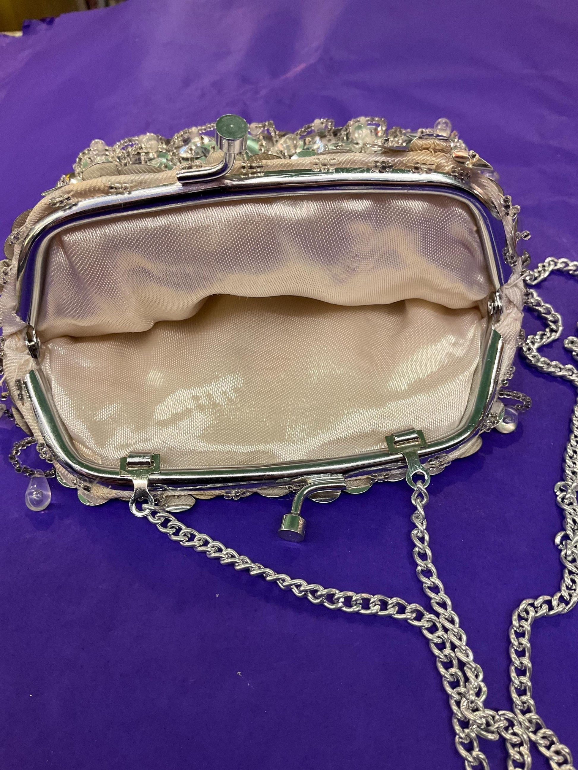 Vintage 1960s Silver Sequinned Satin Evening Bag , Clutch or Shoulder, looped fringes and tassels