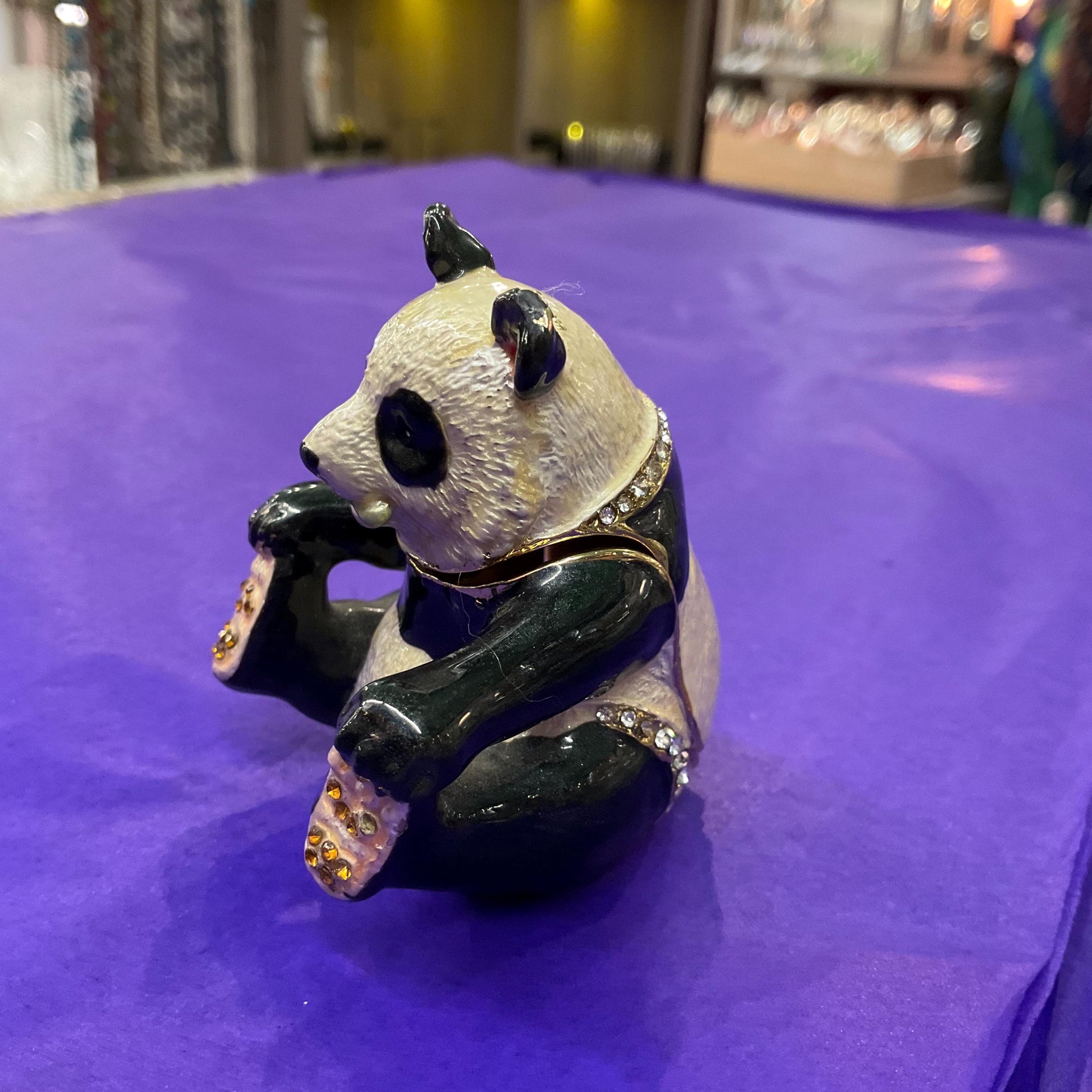 Vintage Faberge Style Panda Trinket Box, Glossy Enamel and Gold tone Rhinestones