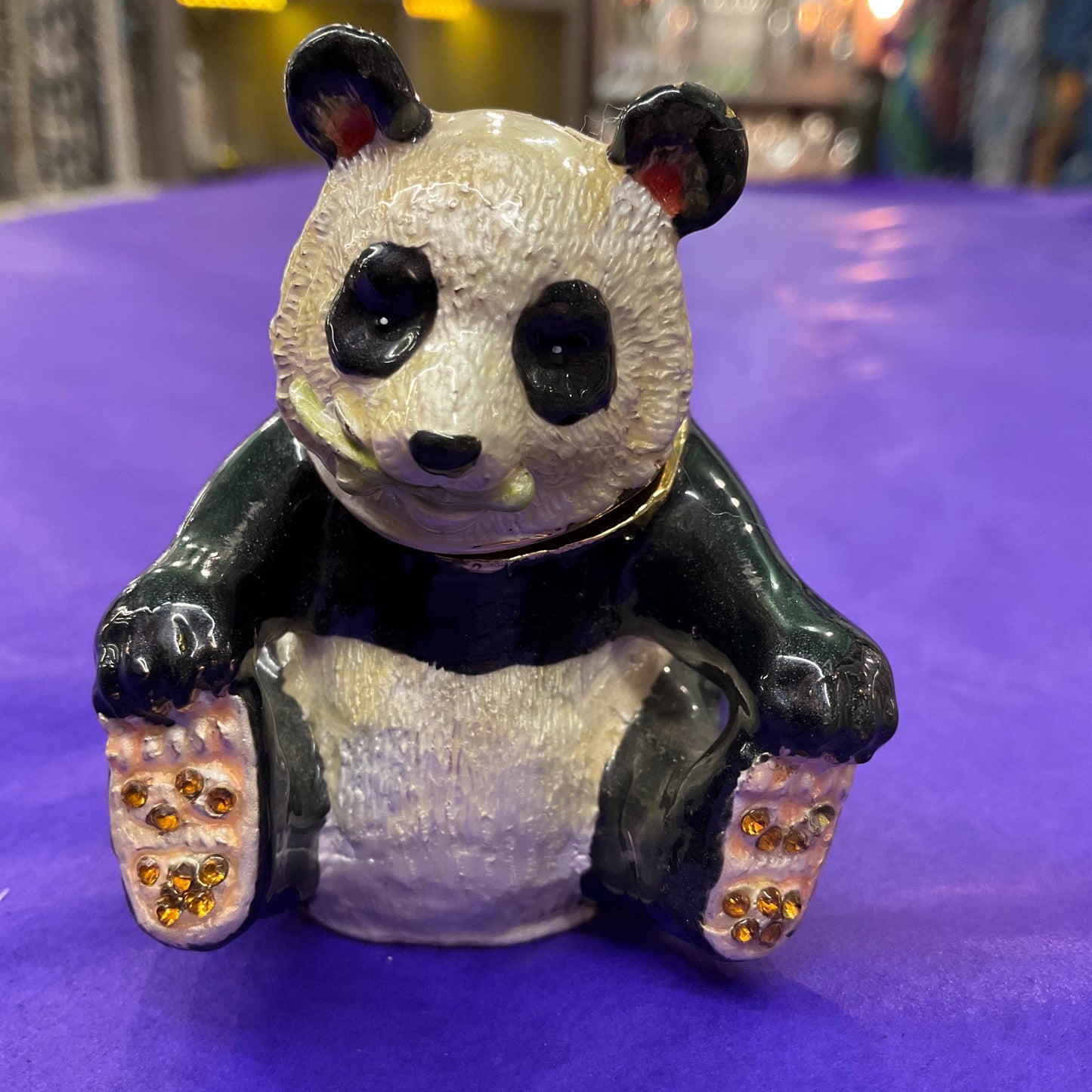 Vintage Faberge Style Panda Trinket Box, Glossy Enamel and Gold tone Rhinestones
