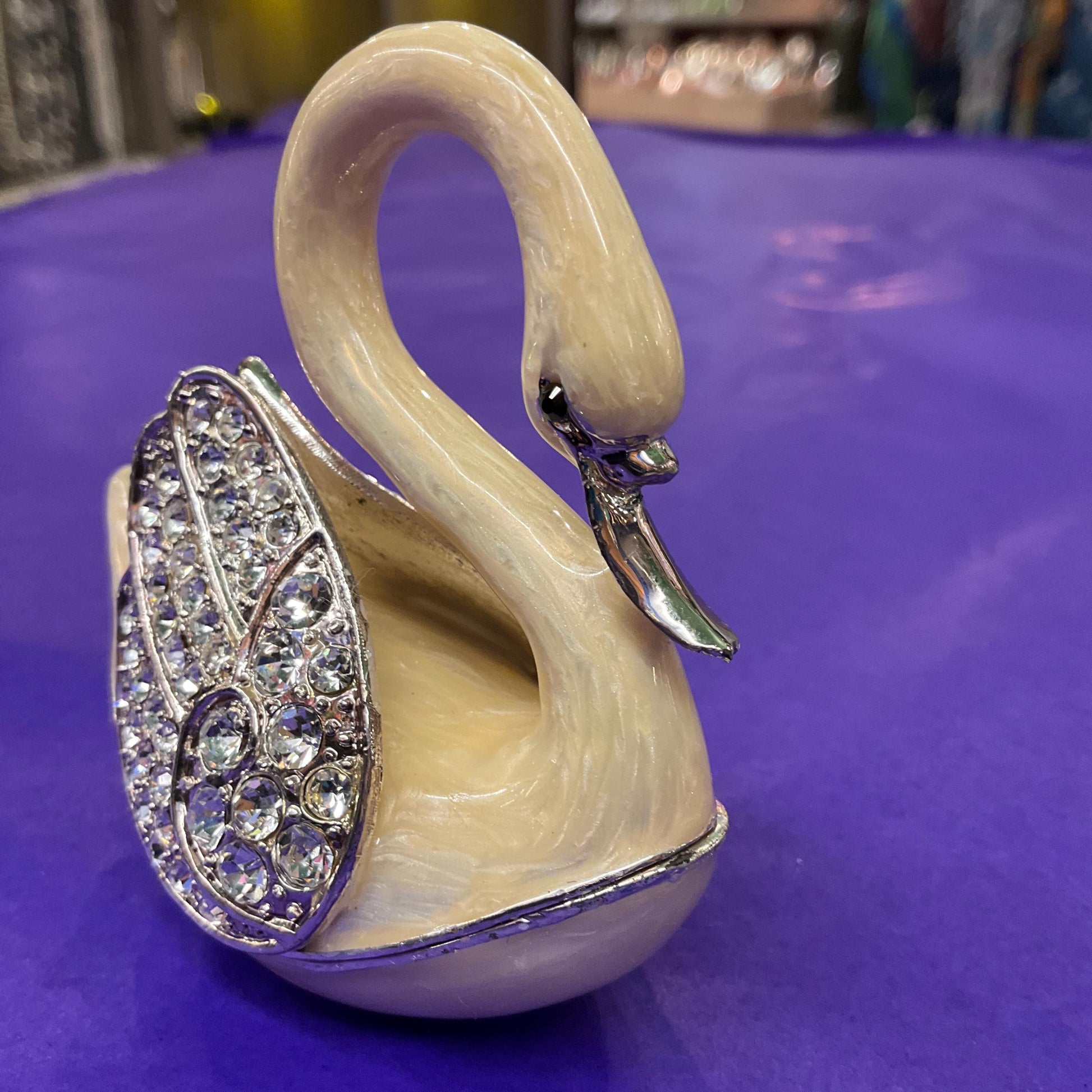 Vintage Faberge Style Crystal Swan Trinket Box, Cream lustre Enamel and Silver crystals