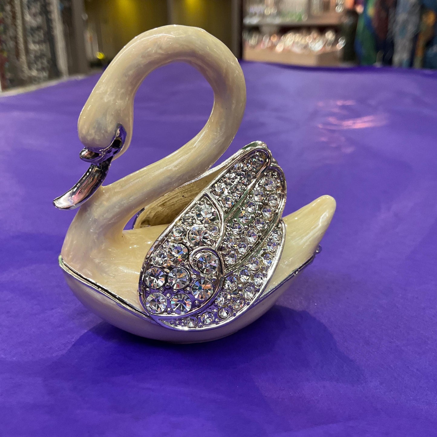 Vintage Faberge Style Crystal Swan Trinket Box, Cream lustre Enamel and Silver crystals