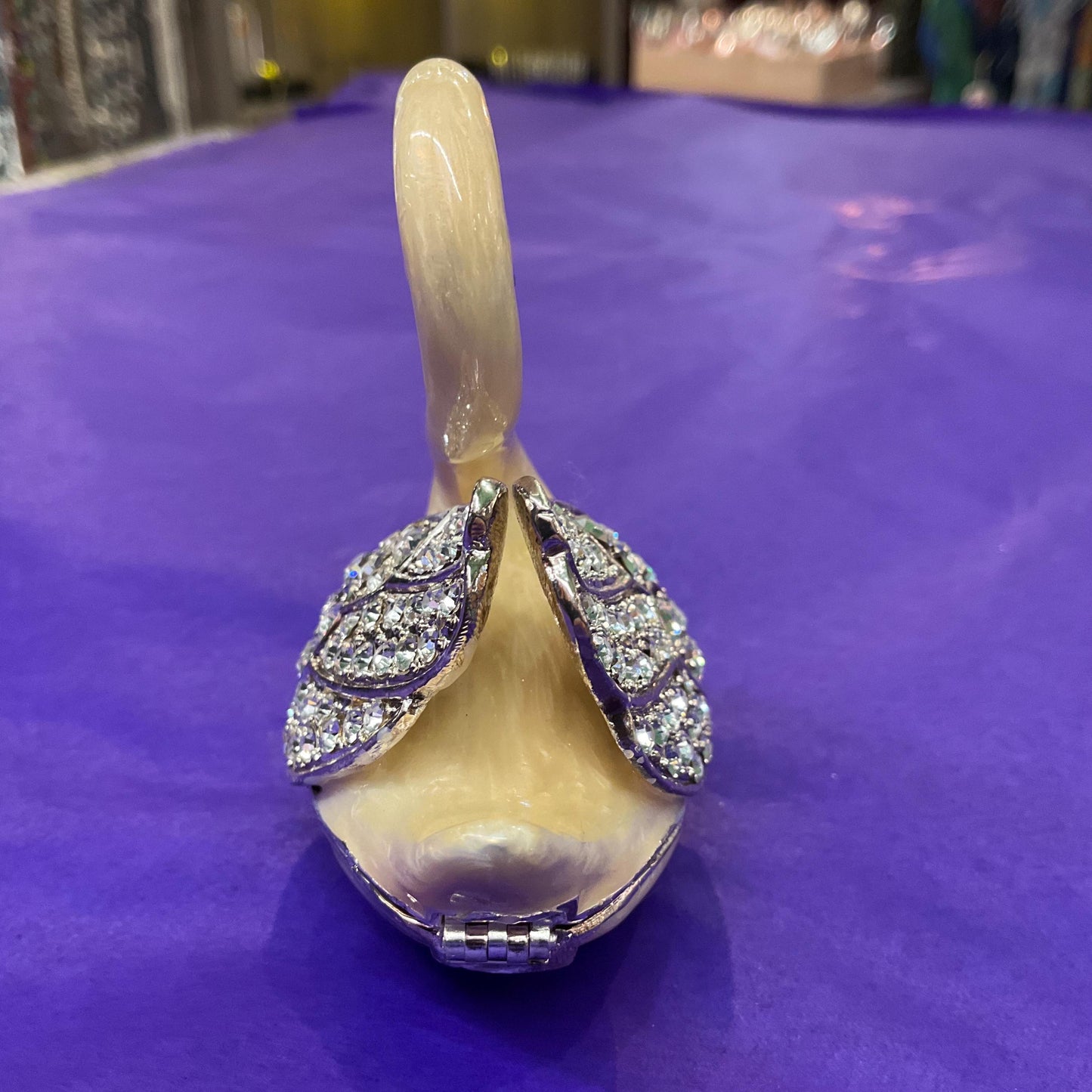 Vintage Faberge Style Crystal Swan Trinket Box, Cream lustre Enamel and Silver crystals