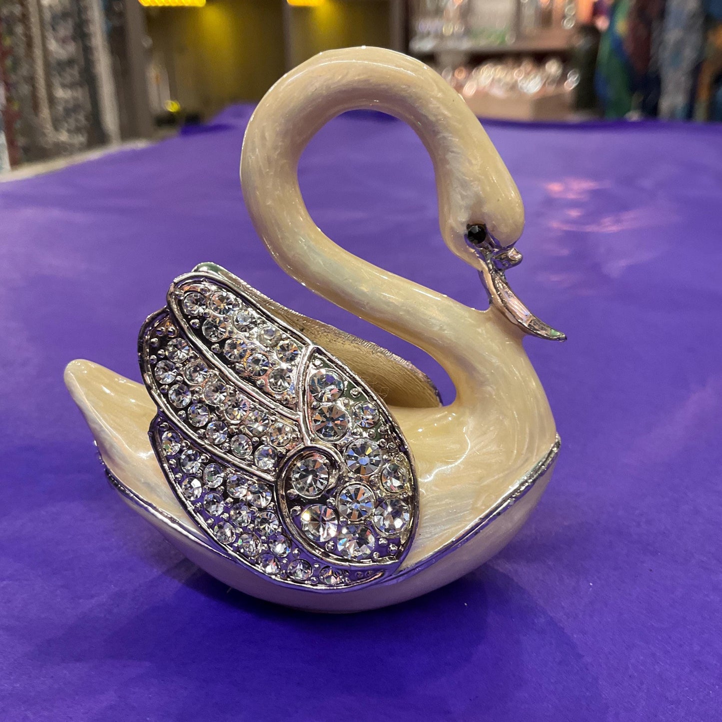 Vintage Faberge Style Crystal Swan Trinket Box, Cream lustre Enamel and Silver crystals