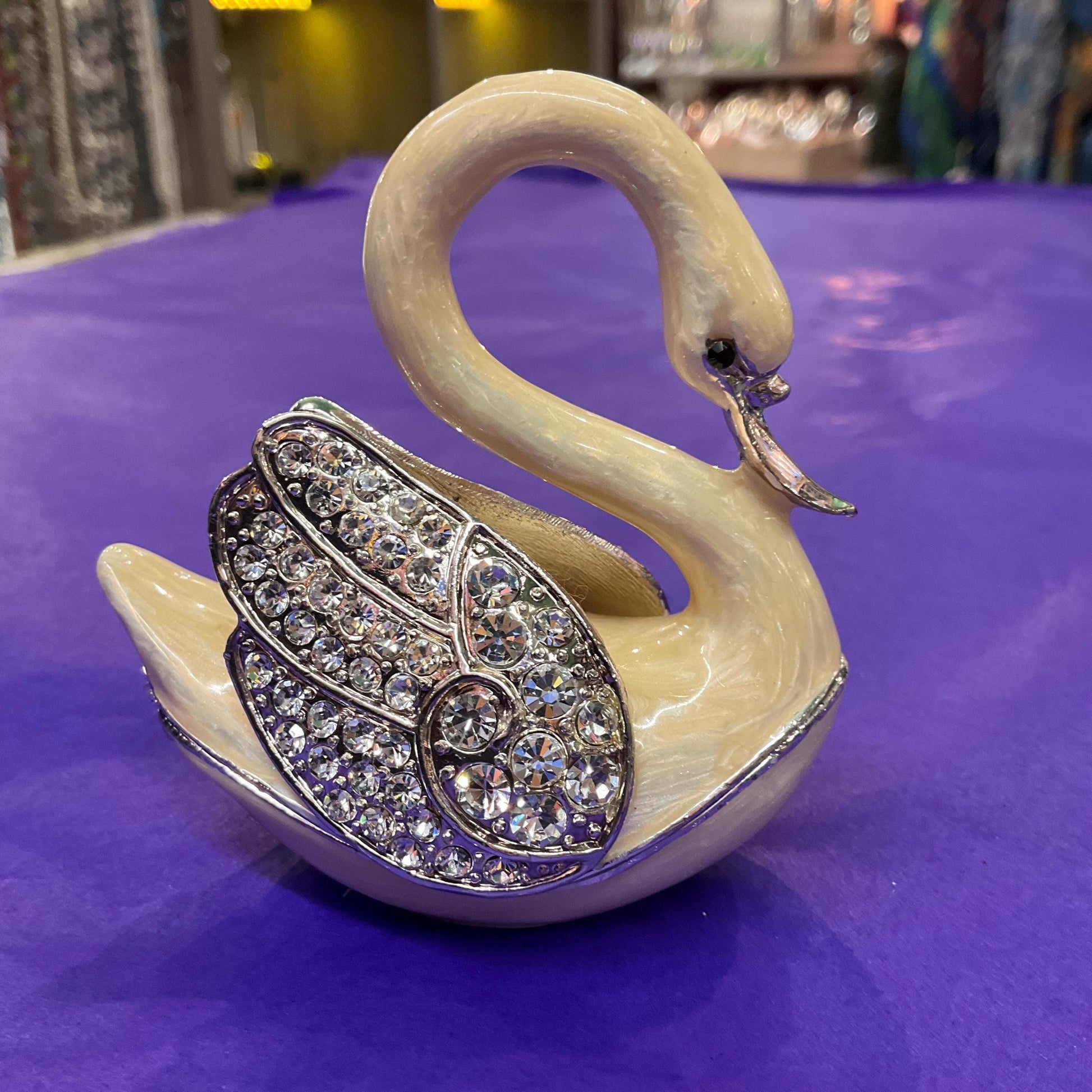 Vintage Faberge Style Crystal Swan Trinket Box, Cream lustre Enamel and Silver crystals