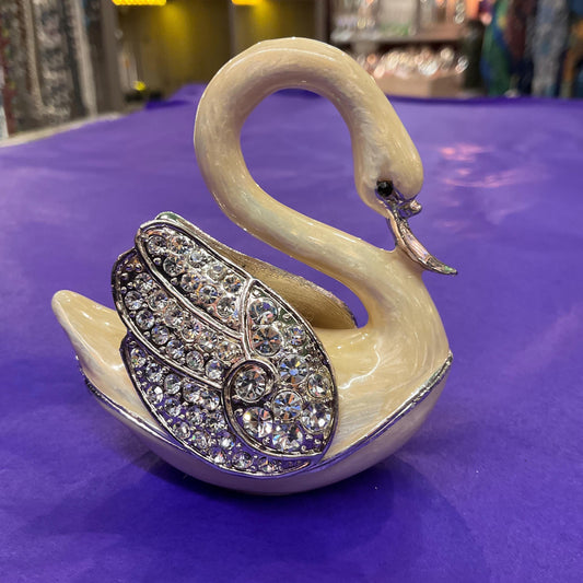 Vintage Faberge Style Crystal Swan Trinket Box, Cream lustre Enamel and Silver crystals