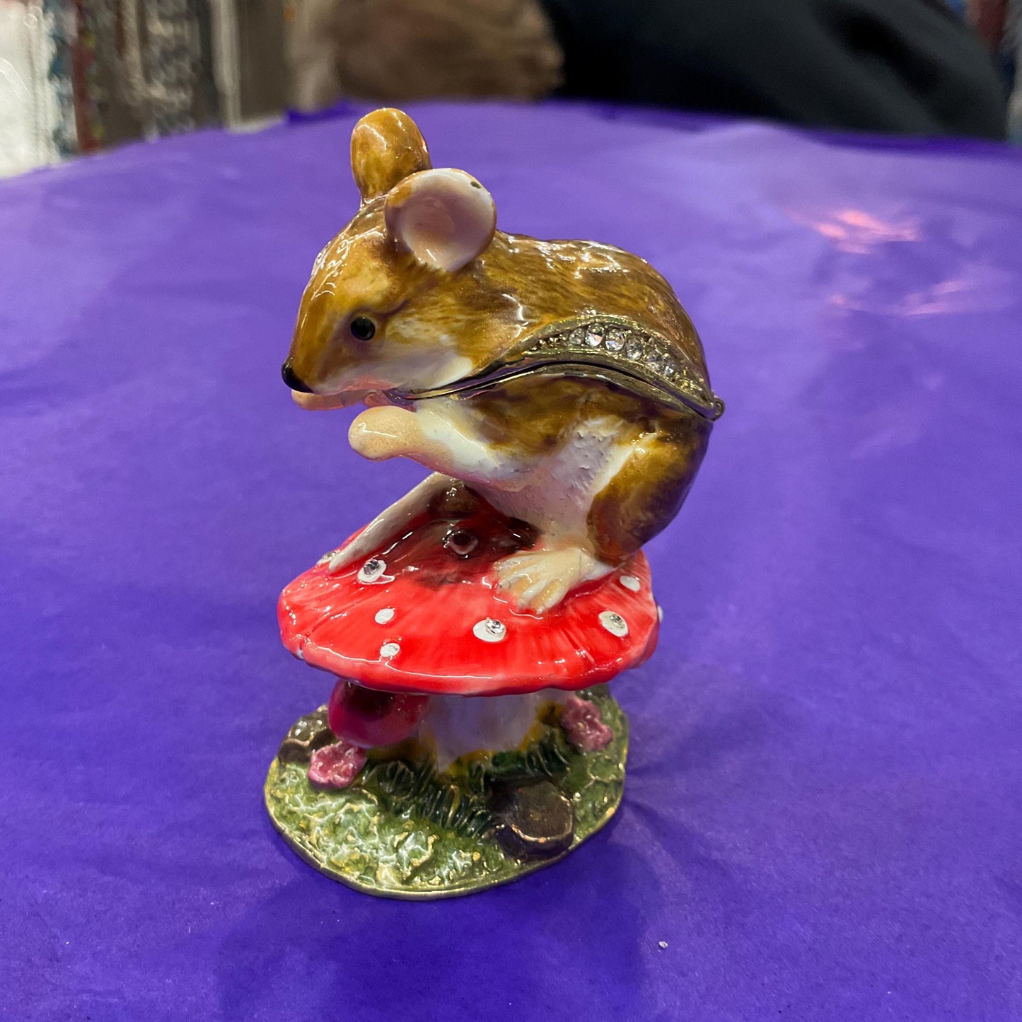 Vintage Faberge Style Mouse Crystal Trinket Box , Coloured Enamel with Silver Crystals