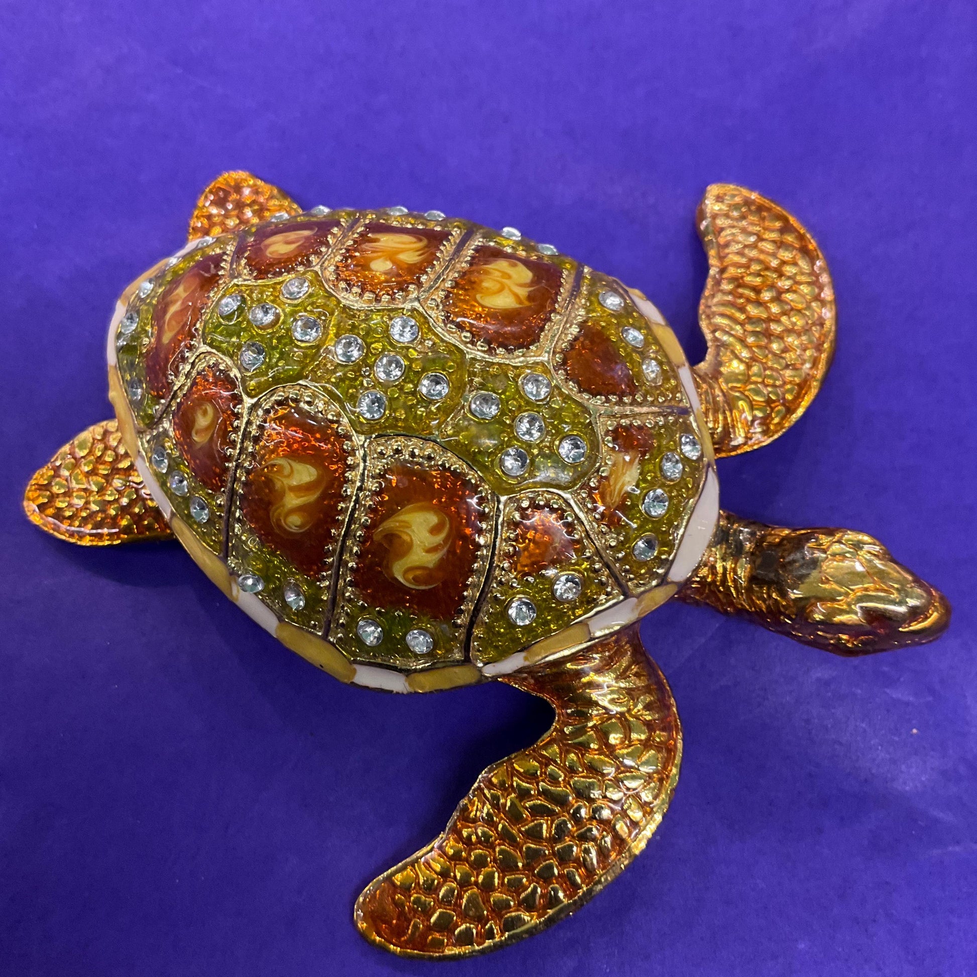 Vintage Faberge Style Large Golden Turtle Crystal Trinket Box, Gold tones of Lustre enamel and silver crystals