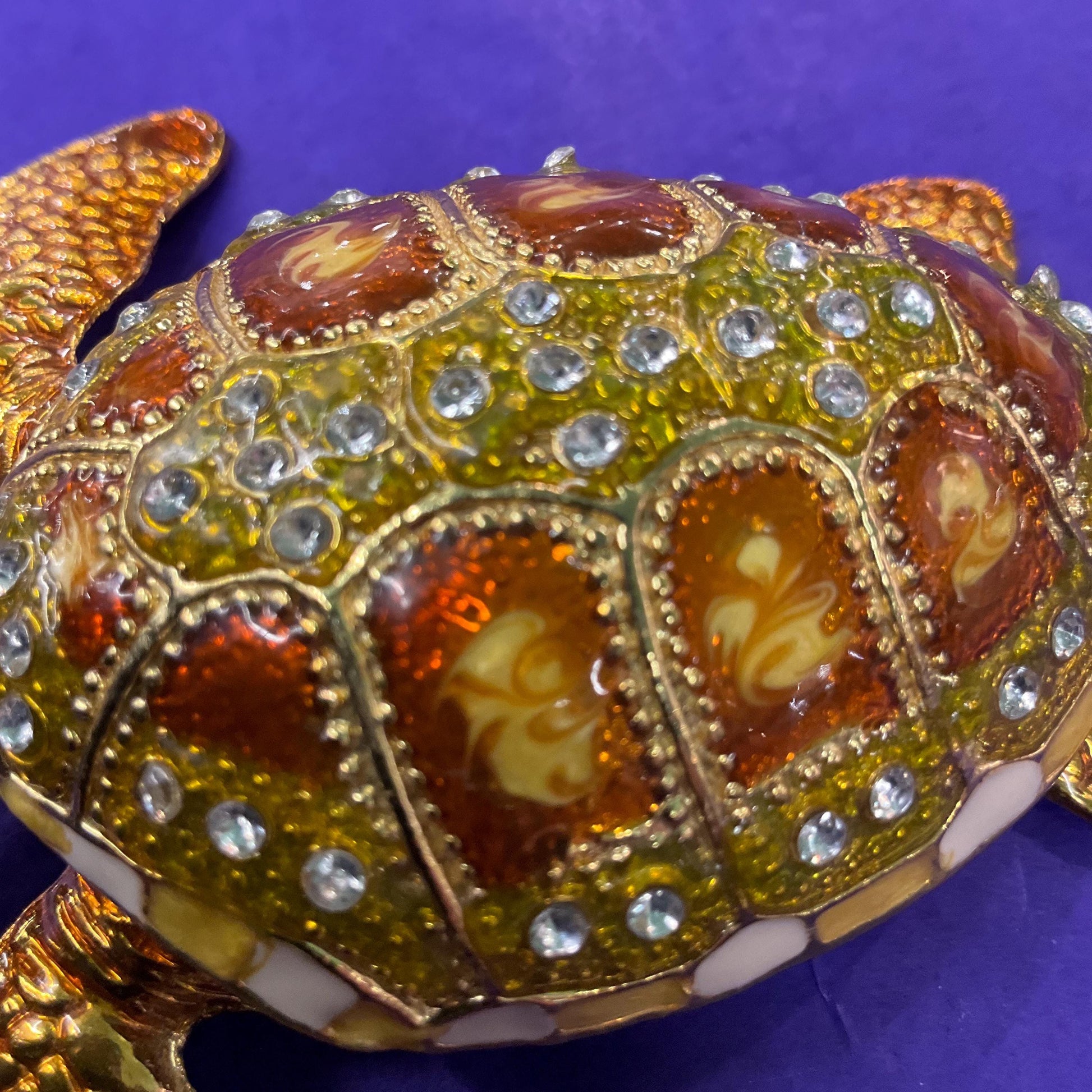 Vintage Faberge Style Large Golden Turtle Crystal Trinket Box, Gold tones of Lustre enamel and silver crystals