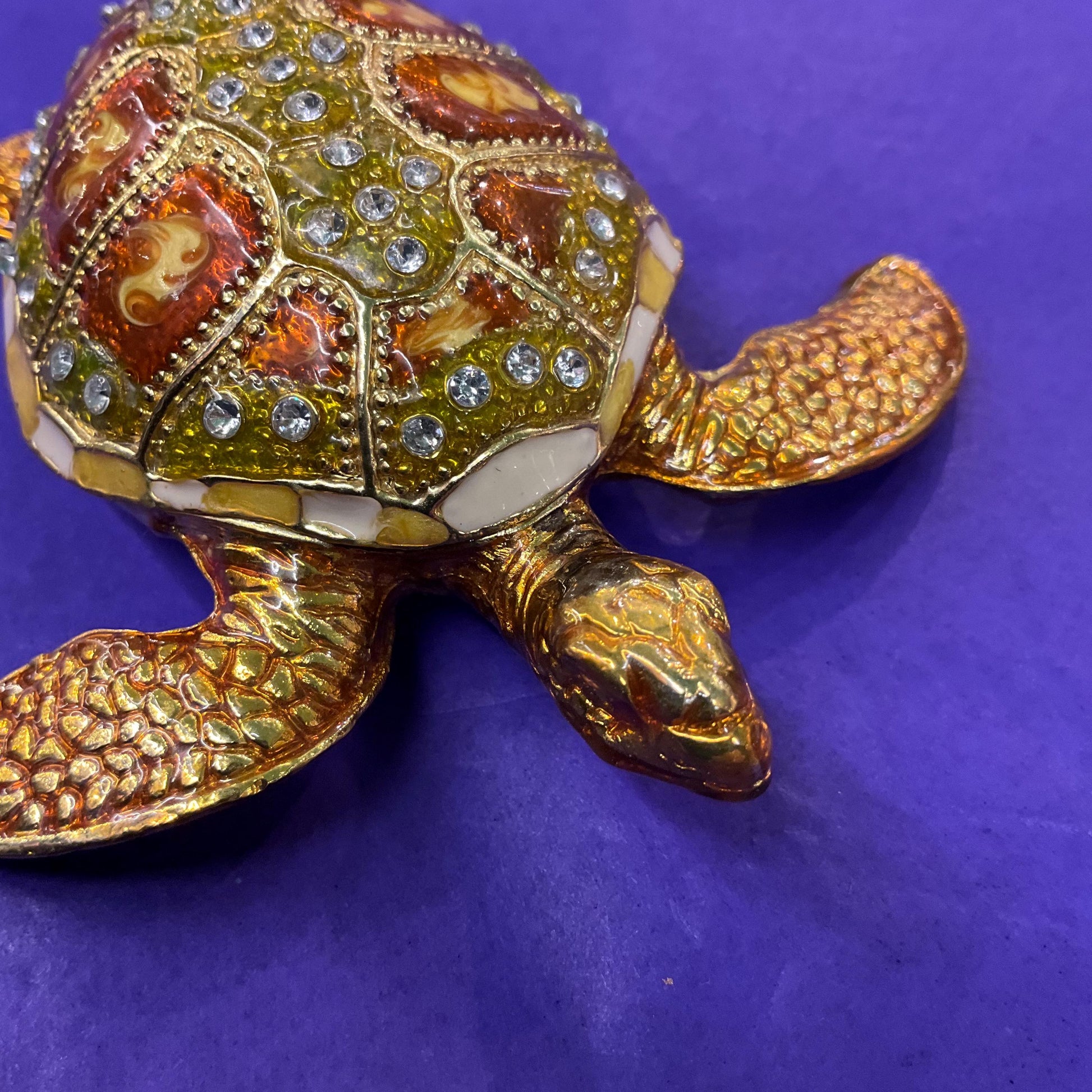 Vintage Faberge Style Large Golden Turtle Crystal Trinket Box, Gold tones of Lustre enamel and silver crystals