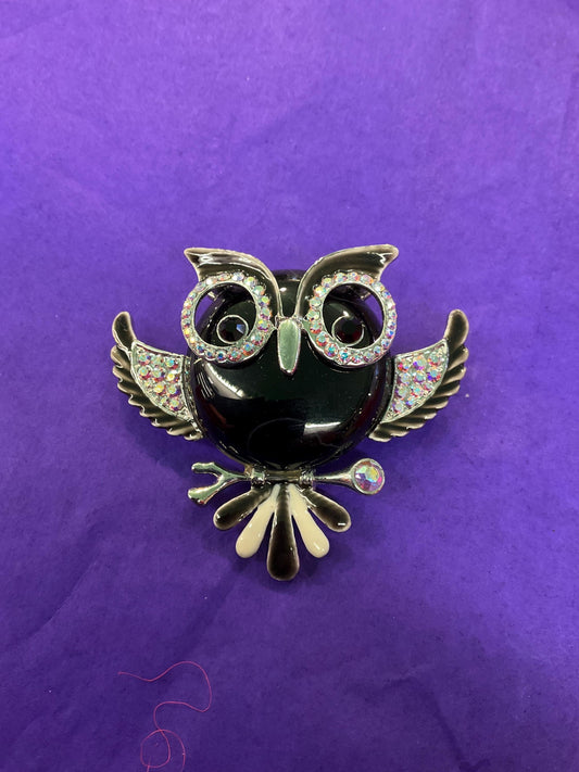 Vintage Butler and Wilson Large Crystal Owl Brooch, Onyx Gemstone and Aurora Borealis Rhinestones