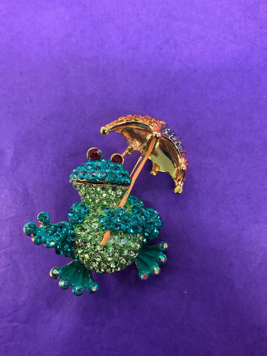 Vintage Butler and Wilson Quirky Crystal Frog with Umbrella Brooch, Gold tone with vibrant rhinestones, unique gift