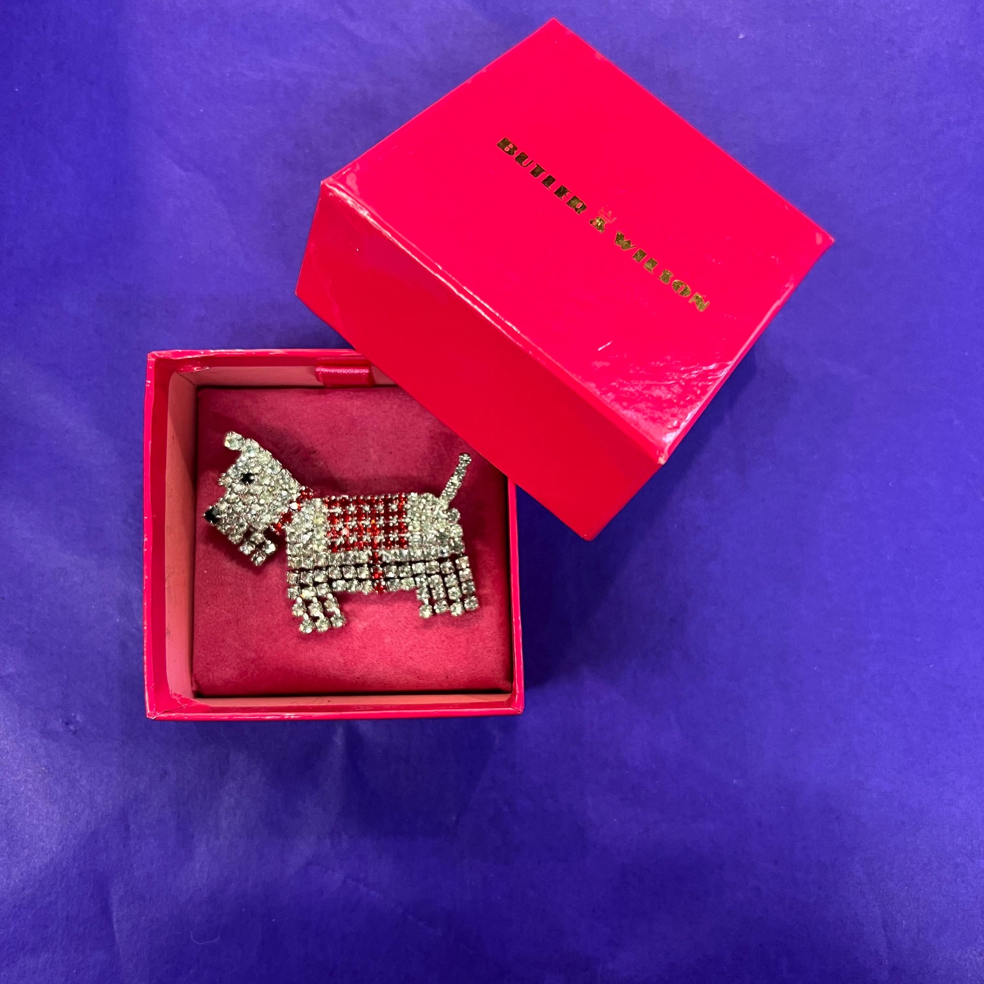 Vintage Butler and Wilson Art Deco Style Crystal Scottie Dog Brooch, silver tone and rhinestones