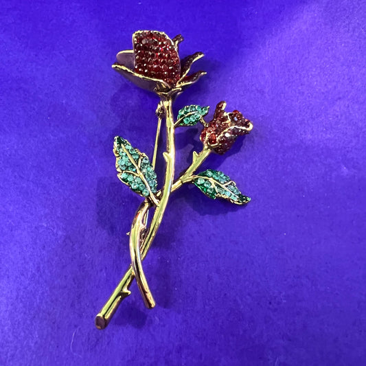 Vintage Butler and Wilson Red Rose Crystal Brooch, gold tone metal with rhinestones