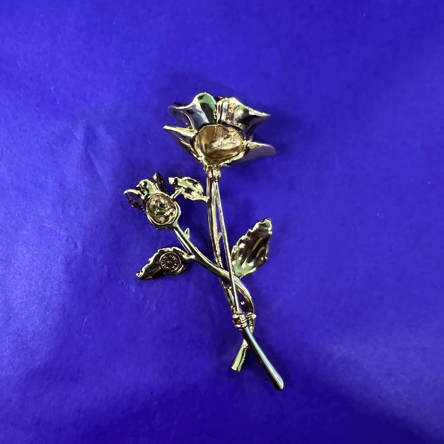 Vintage Butler and Wilson Red Rose Crystal Brooch, gold tone metal with rhinestones