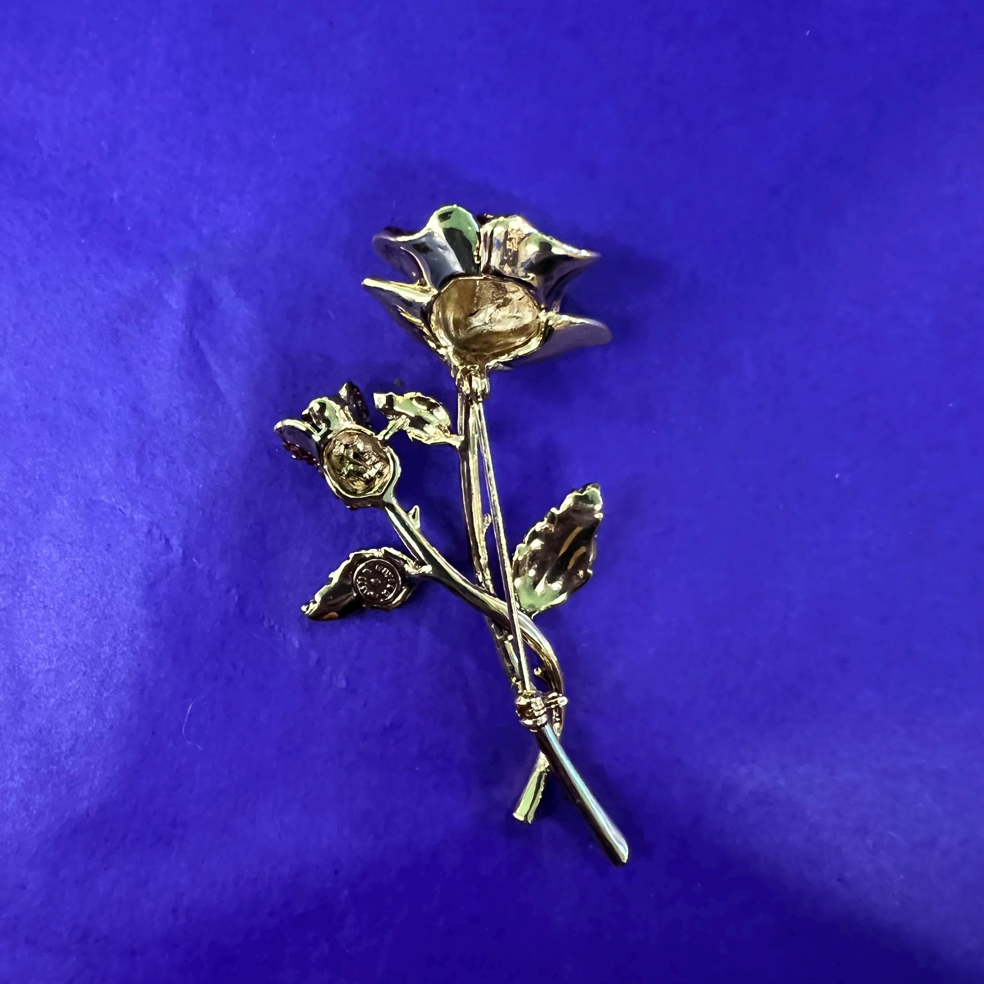 Vintage Butler and Wilson Red Rose Crystal Brooch, gold tone metal with rhinestones