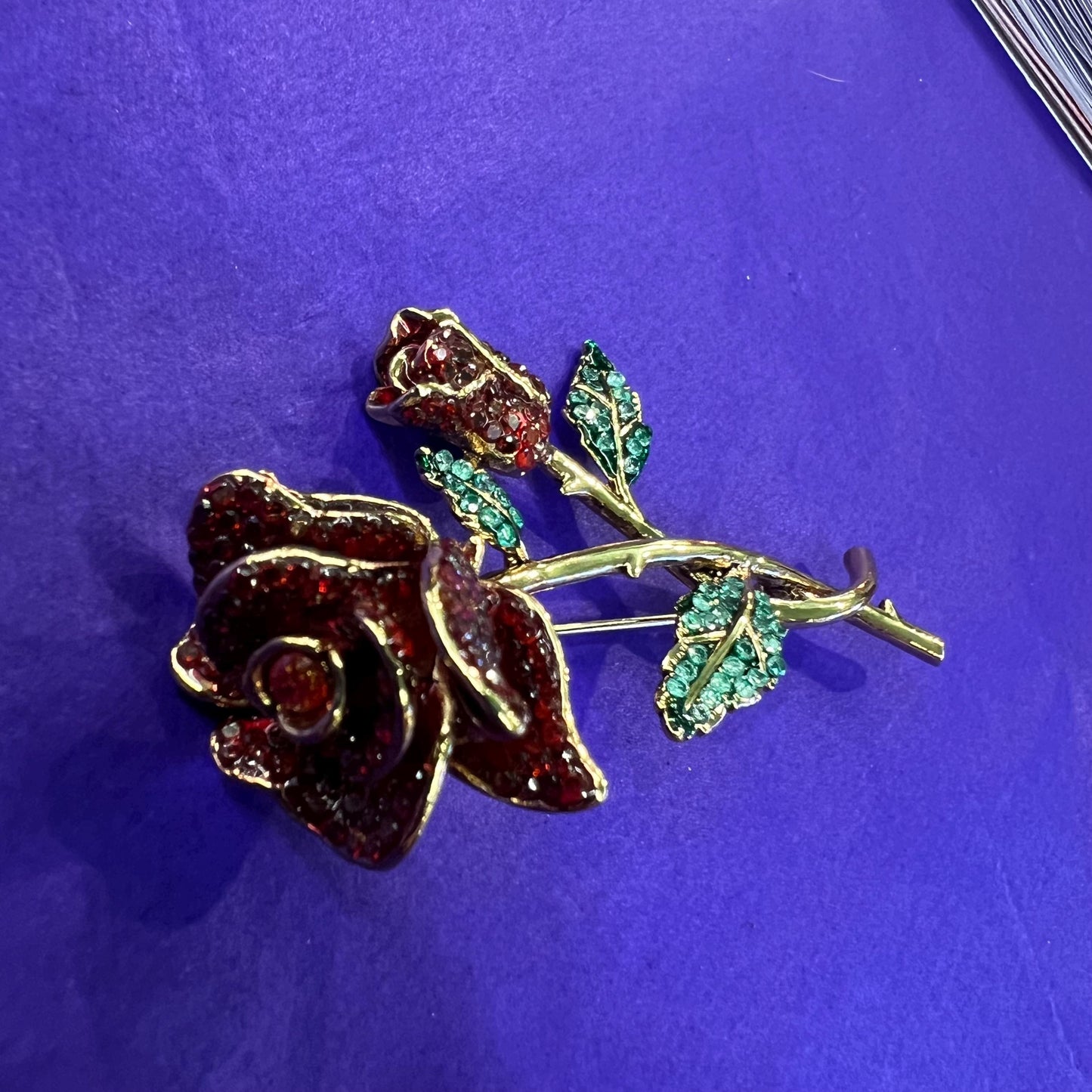 Vintage Butler and Wilson Red Rose Crystal Brooch, gold tone metal with rhinestones