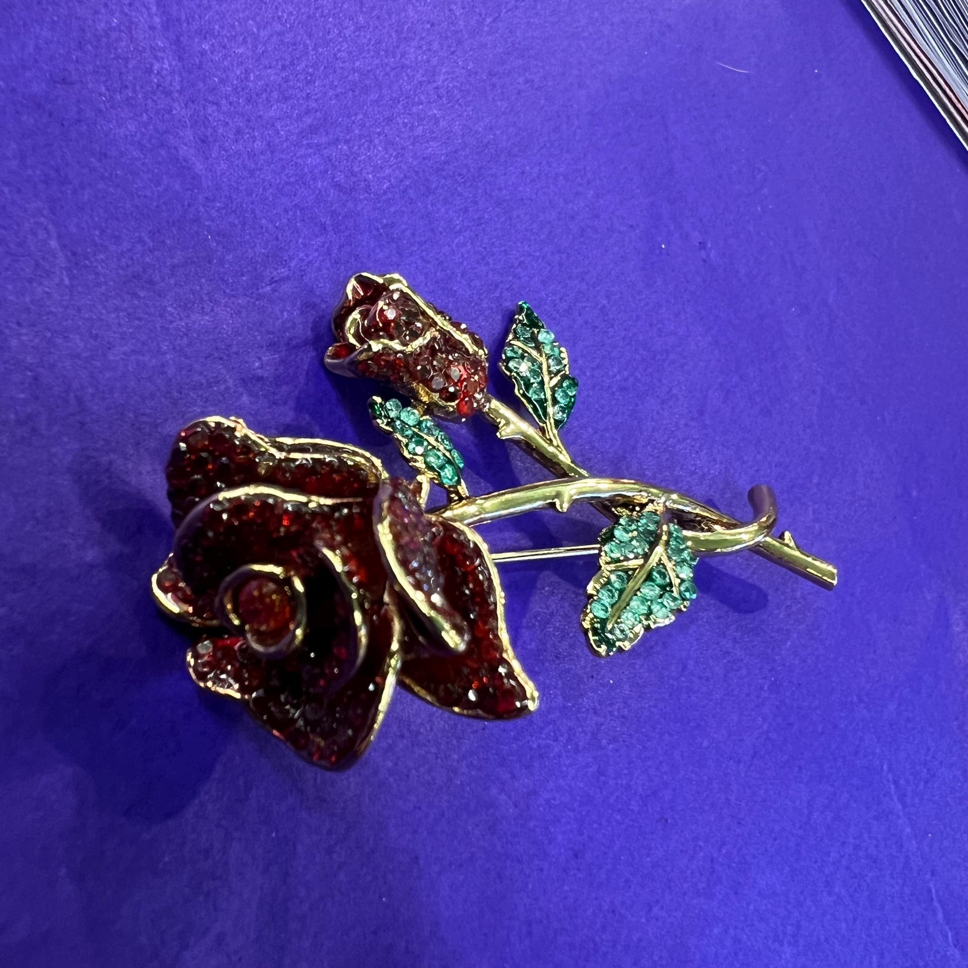 Vintage Butler and Wilson Red Rose Crystal Brooch, gold tone metal with rhinestones