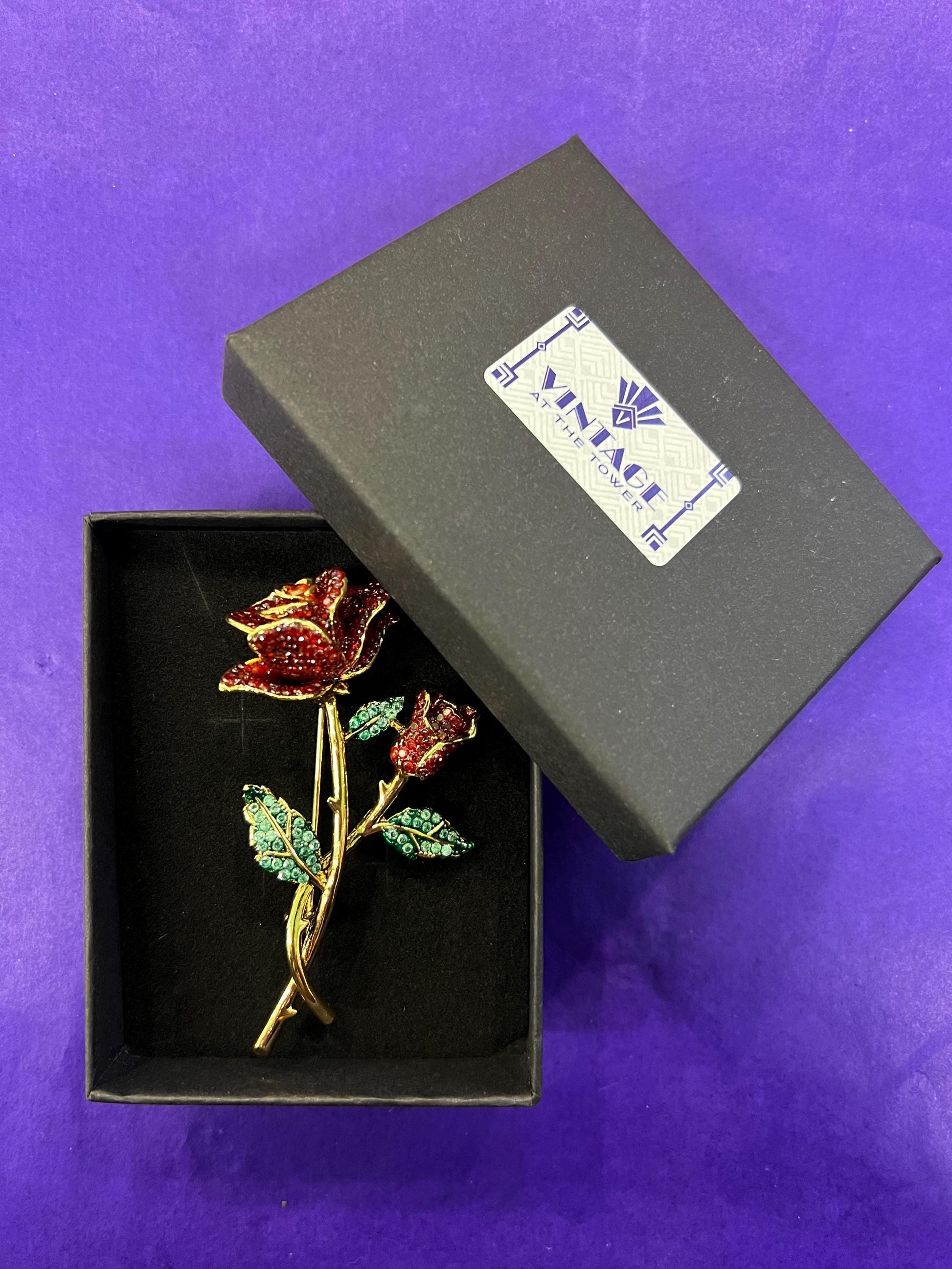 Vintage Butler and Wilson Red Rose Crystal Brooch, gold tone metal with rhinestones