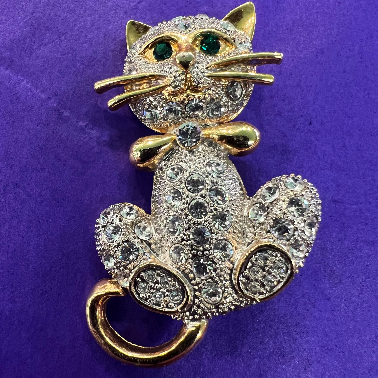 Vintage 1980s Crystal Cat Brooch, Gold Tone and Crystal, as new in a gift box
