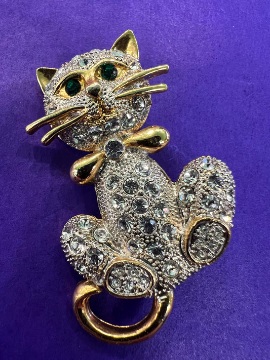 Vintage 1980s Crystal Cat Brooch, Gold Tone and Crystal, as new in a gift box