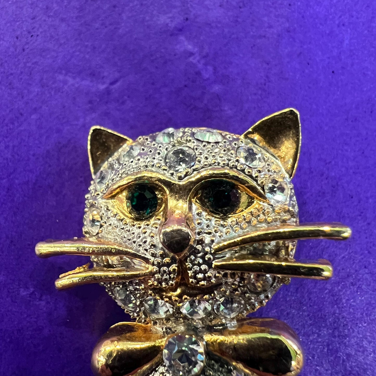 Vintage 1980s Crystal Cat Brooch, Gold Tone and Crystal, as new in a gift box