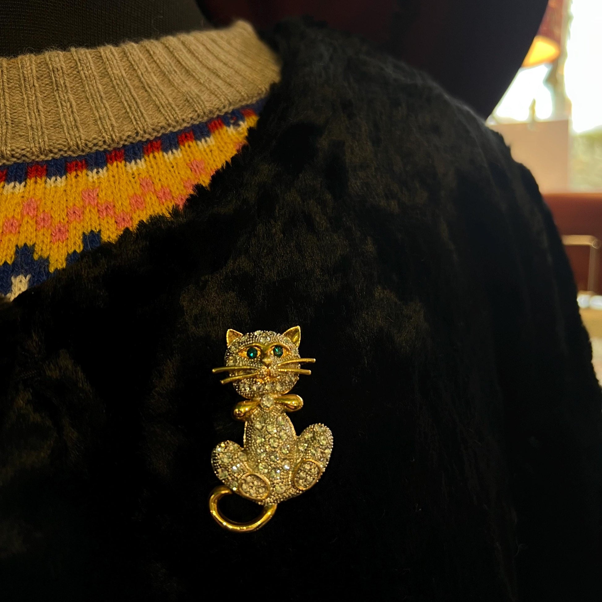 Vintage 1980s Crystal Cat Brooch, Gold Tone and Crystal, as new in a gift box